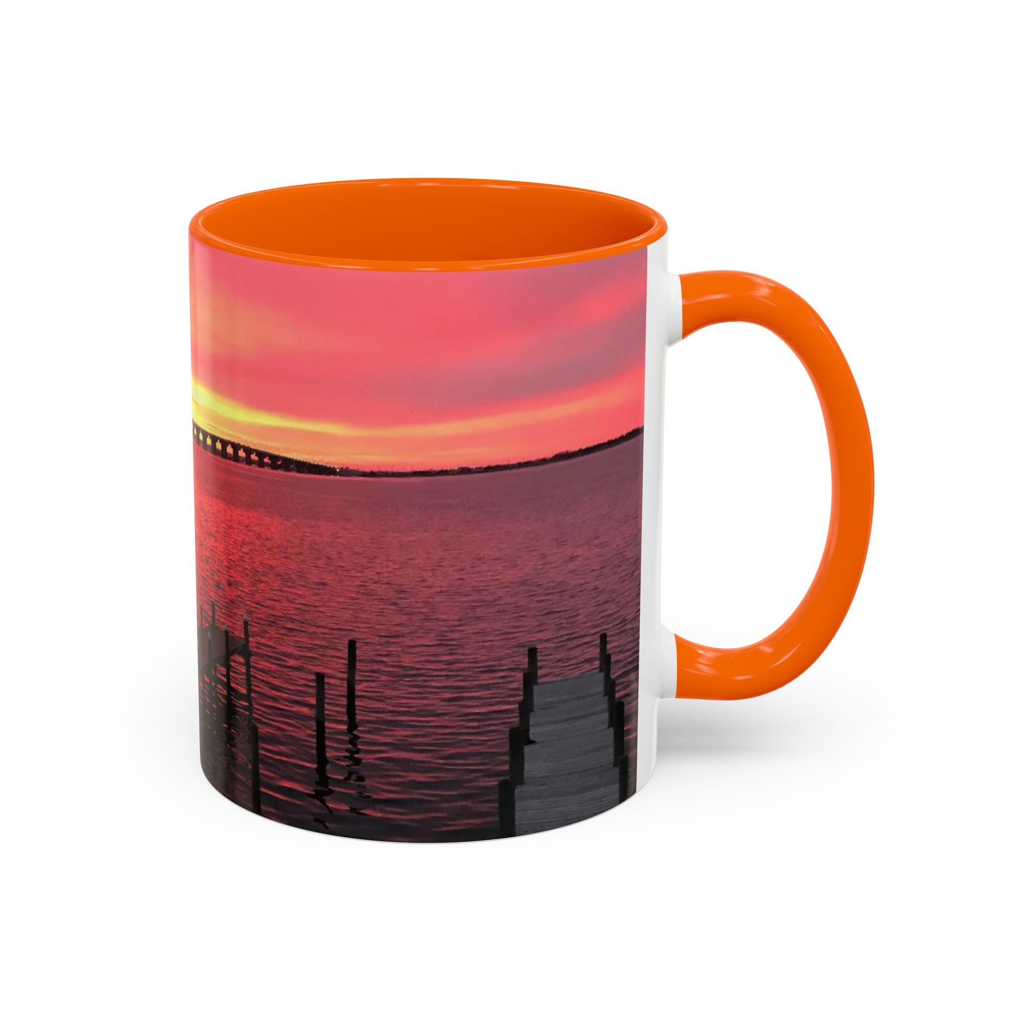 Sunset Harbor Accent Coffee Mug — Pink Sunrise Dock Scene (11/15oz)
