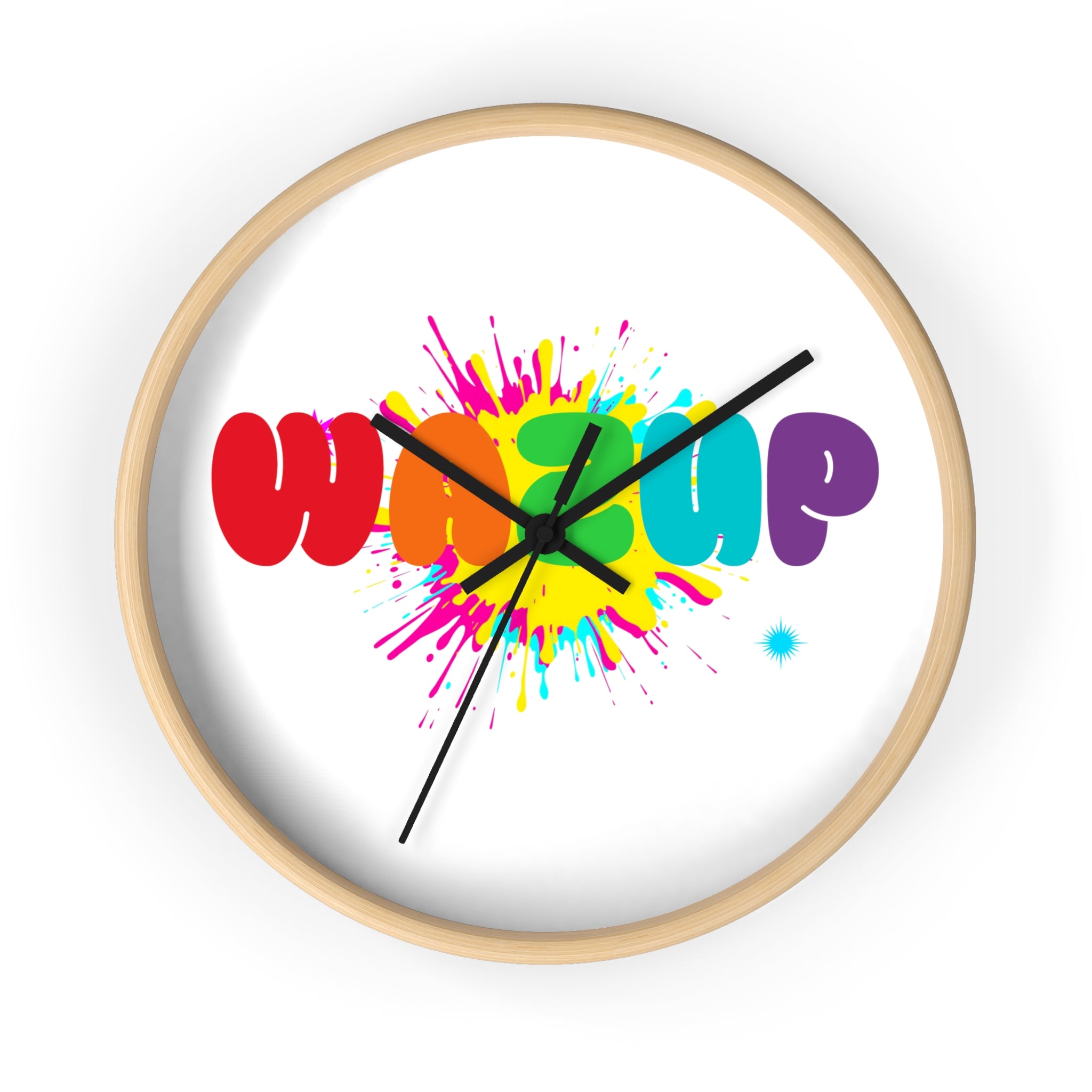 Wake Up Color Splash Wall Clock — Vibrant Rainbow Typography Home Decor