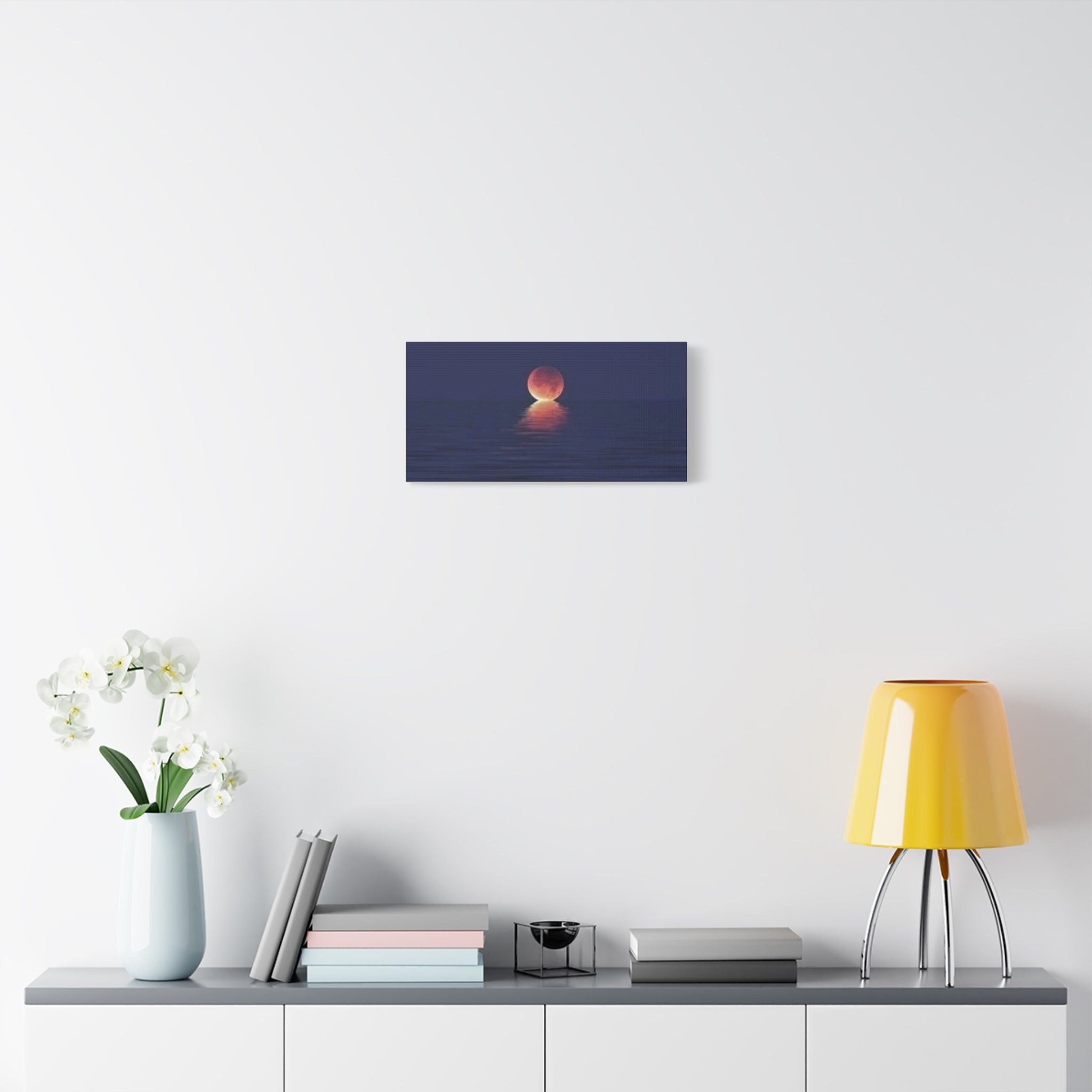 Lunar Reflection Canvas Art — Moonrise Over Calm Sea Stretched Matte Wall Art