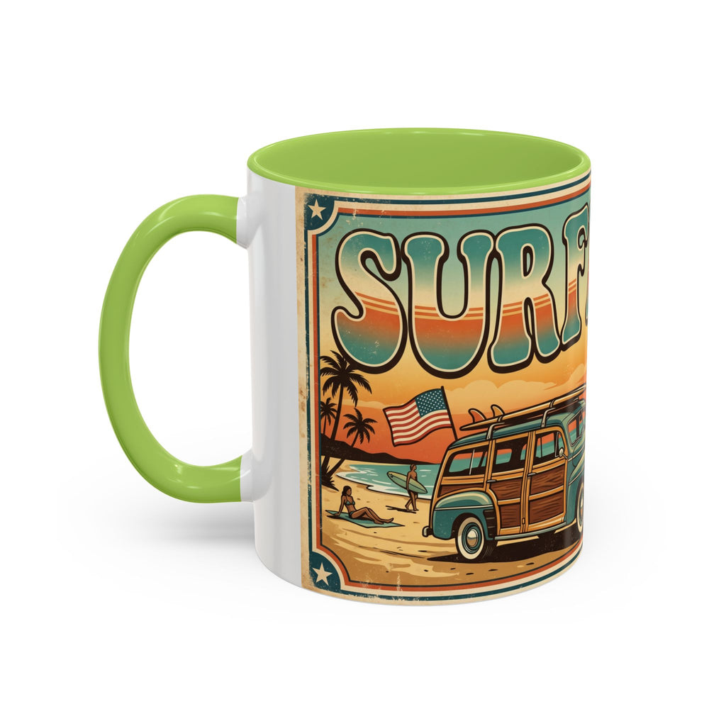 Surfing USA Coffee Mug — Retro Beach Vintage Surfboard Sunset Design