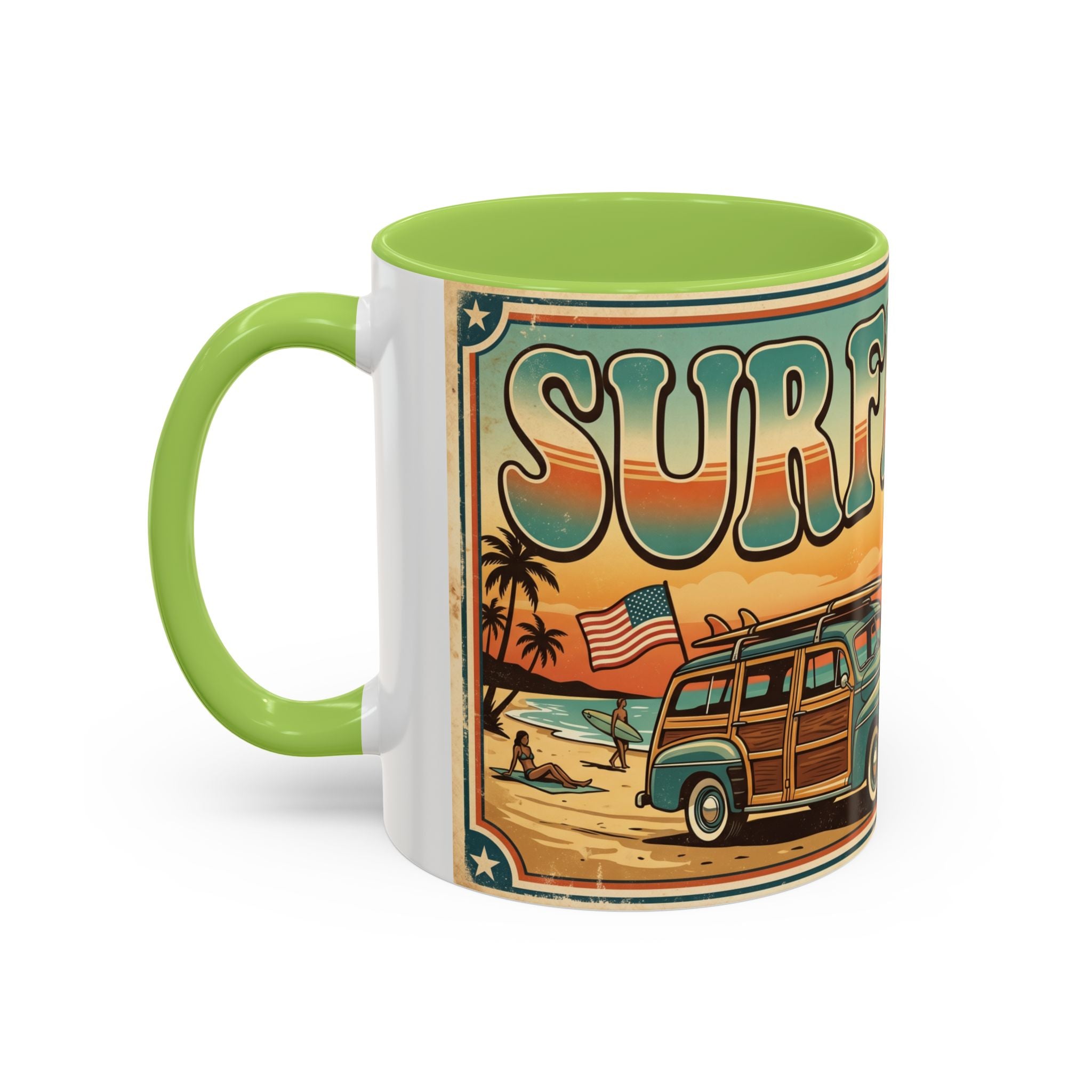 Surfing USA Coffee Mug — Retro Beach Vintage Surfboard Sunset Design
