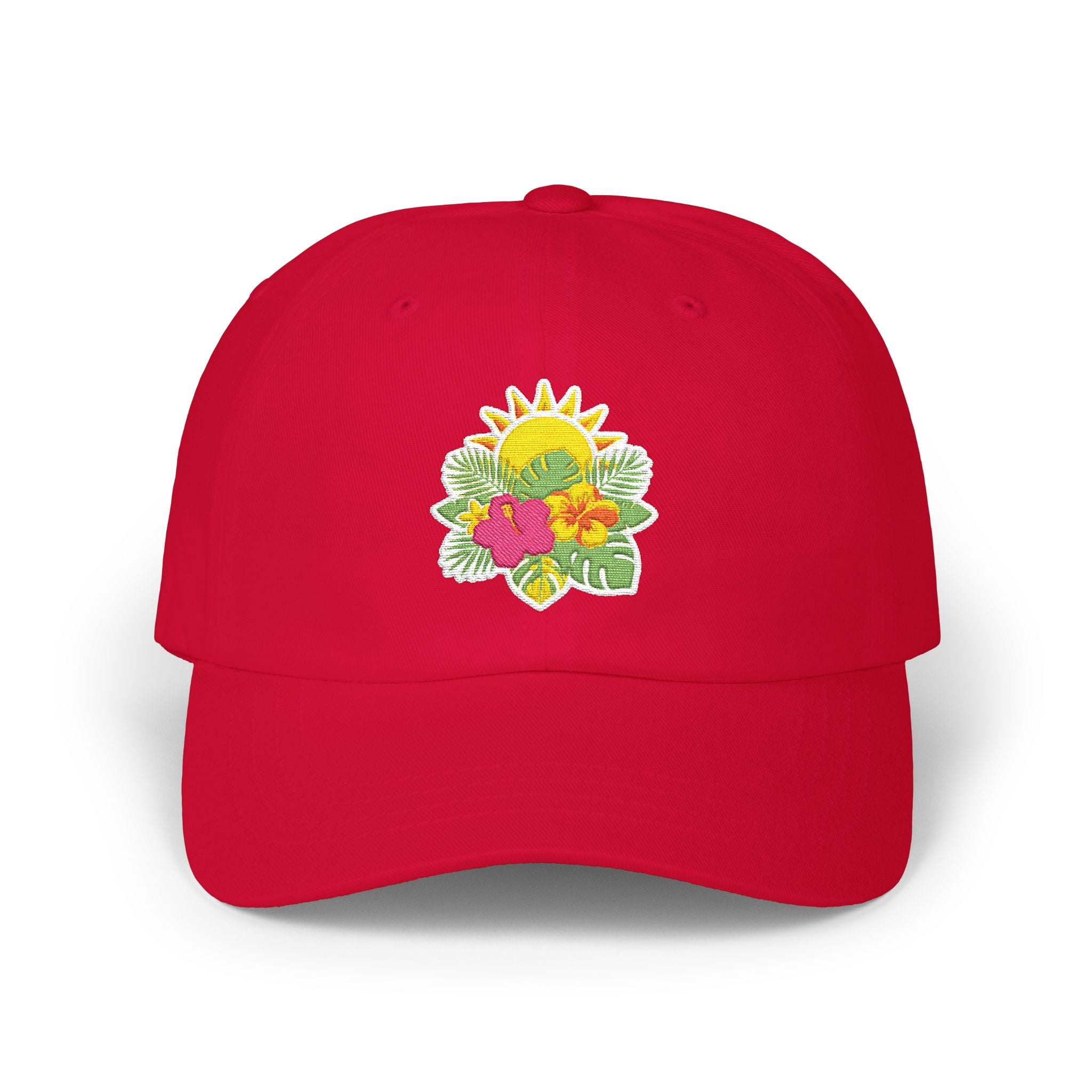Floral Sunburst Dad Cap — Embroidered Sun & Hibiscus Baseball Hat