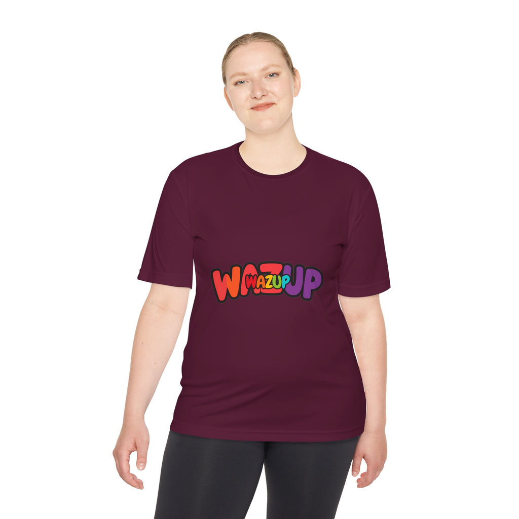 Wazup Colorblock Graphic Tee — Retro Pop 'Wazup' Moisture-Wicking Shirt