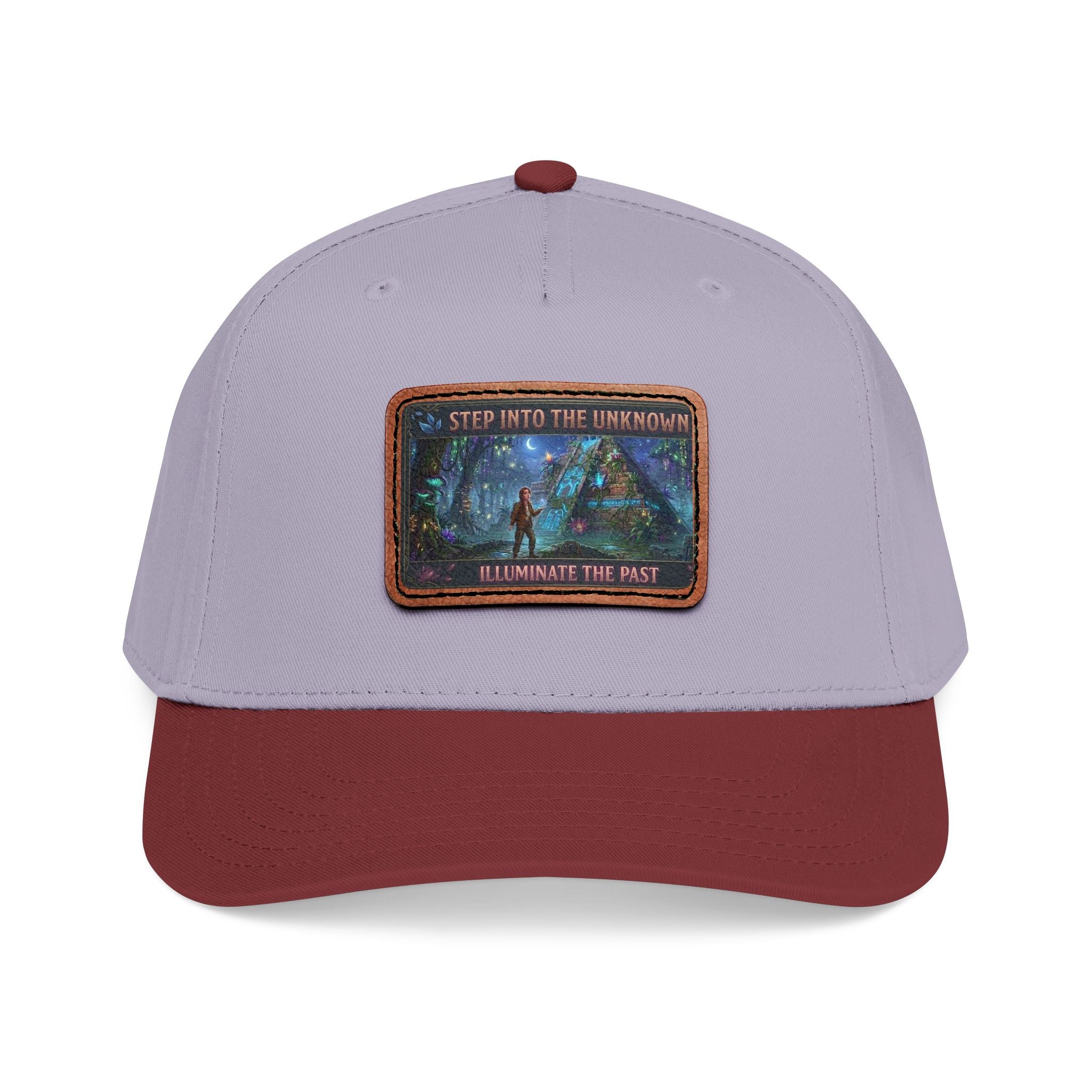 Leather Patch Baseball Cap — "Step Into the Unknown, Illuminate the Past" Forest Adventure Design