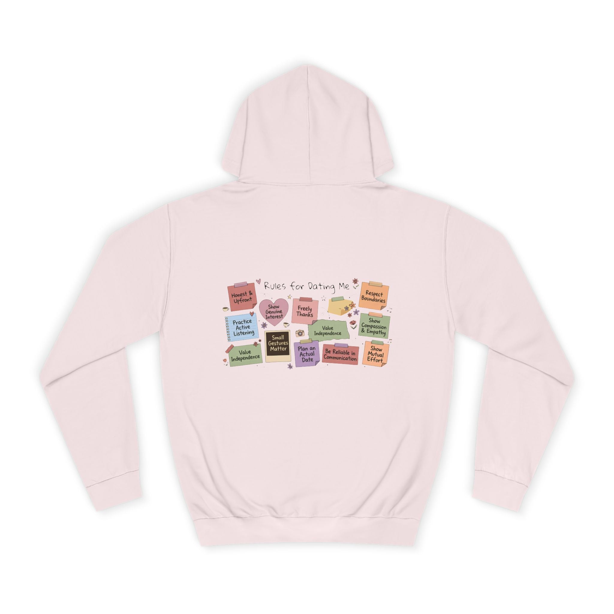 College Hoodie — Retro Sticky Notes Back Print, Cute Study Vibes
