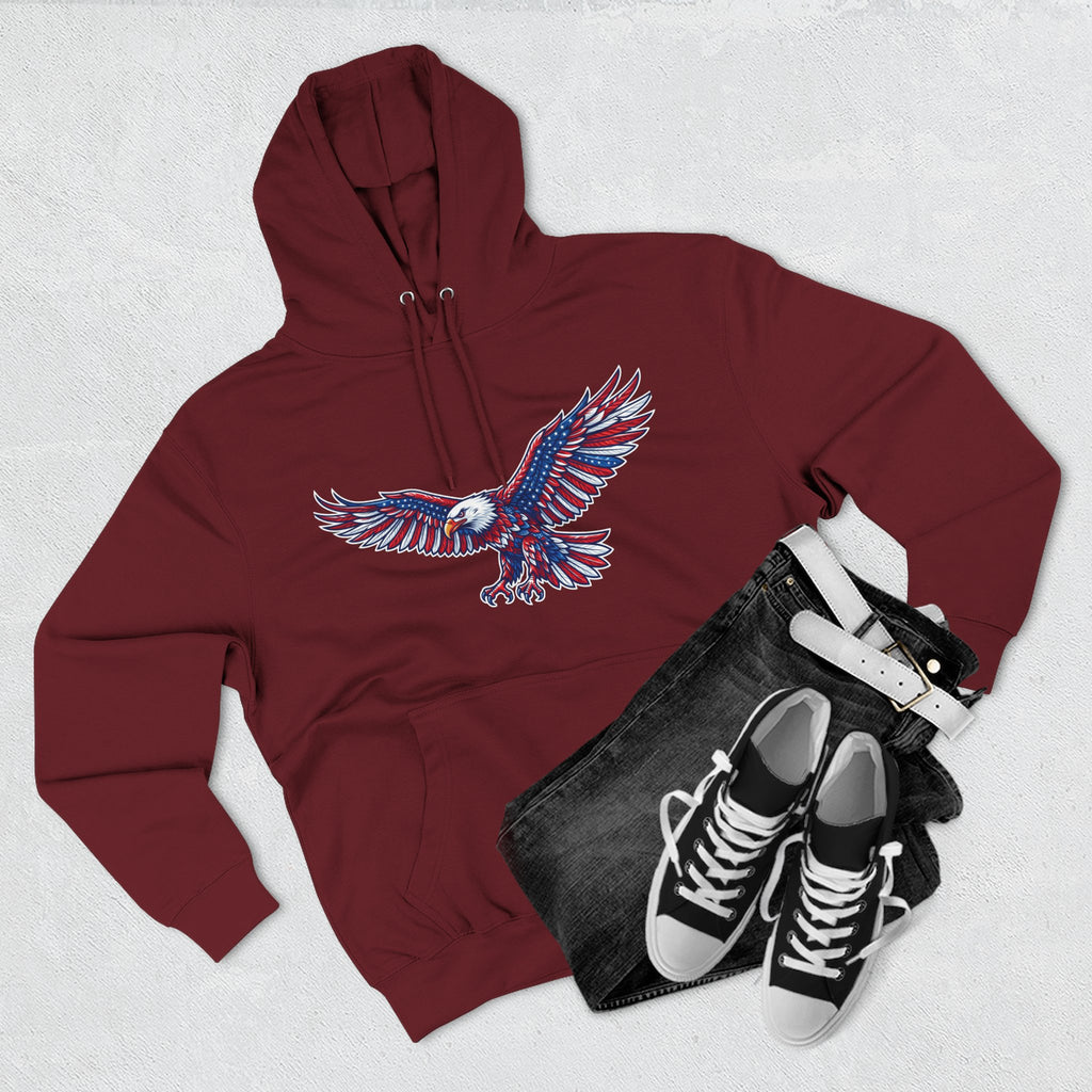 Eagle Flight Hoodie — Patriotic Red & Blue Soaring Eagle Graphic