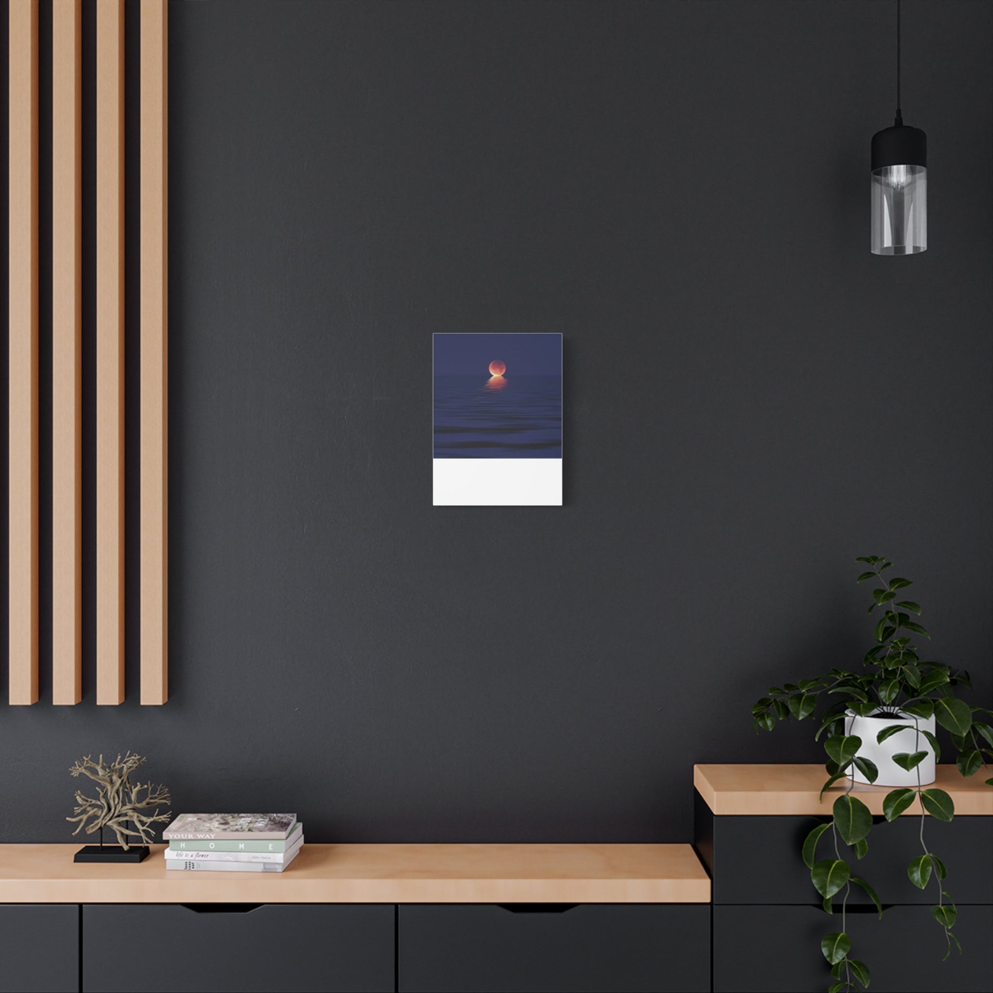 Lunar Reflection Canvas Art — Moonrise Over Calm Sea Stretched Matte Wall Art