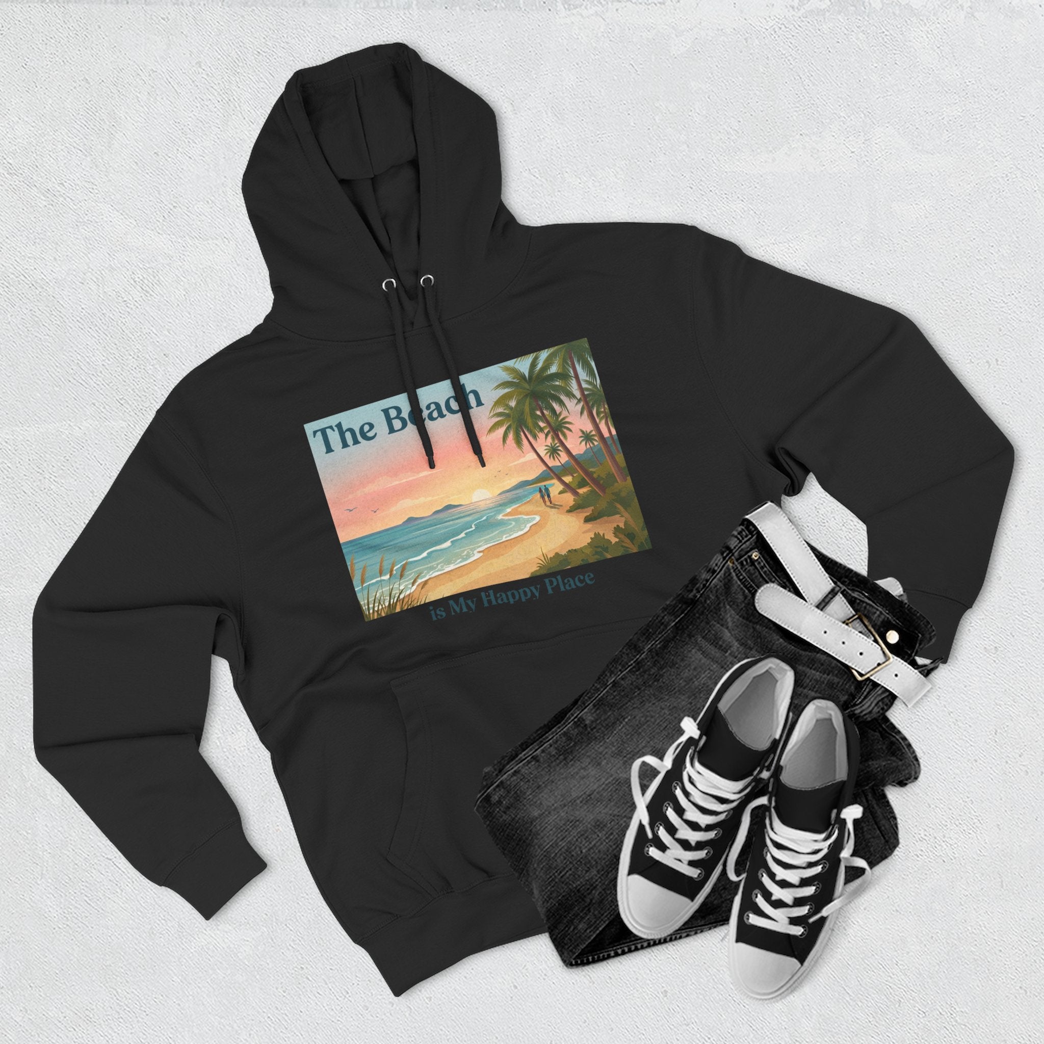 Beach Sunset Hoodie – "The Beach is My Happy Place" Coastal Palm Pullover
