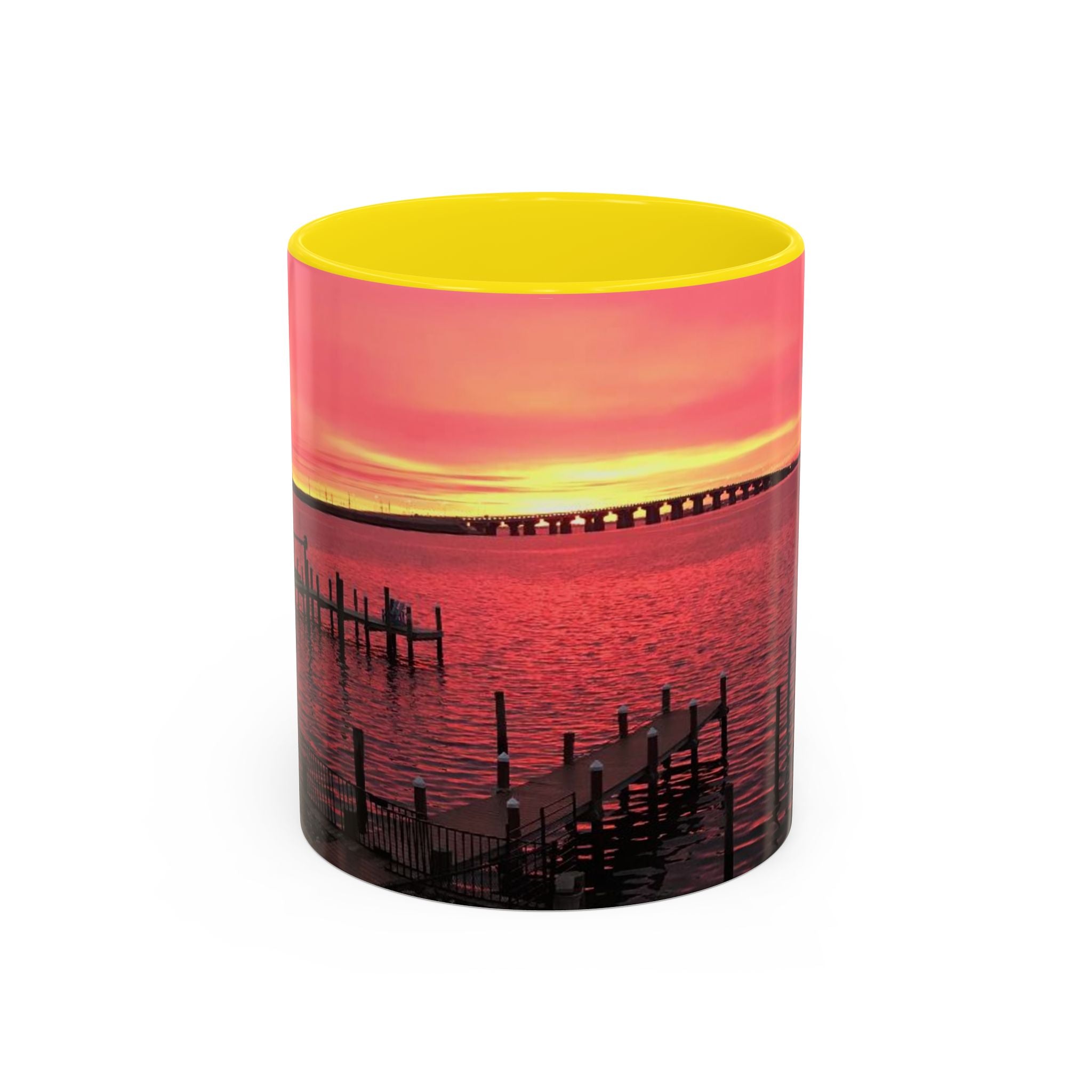 Sunset Harbor Accent Coffee Mug — Pink Sunrise Dock Scene (11/15oz)