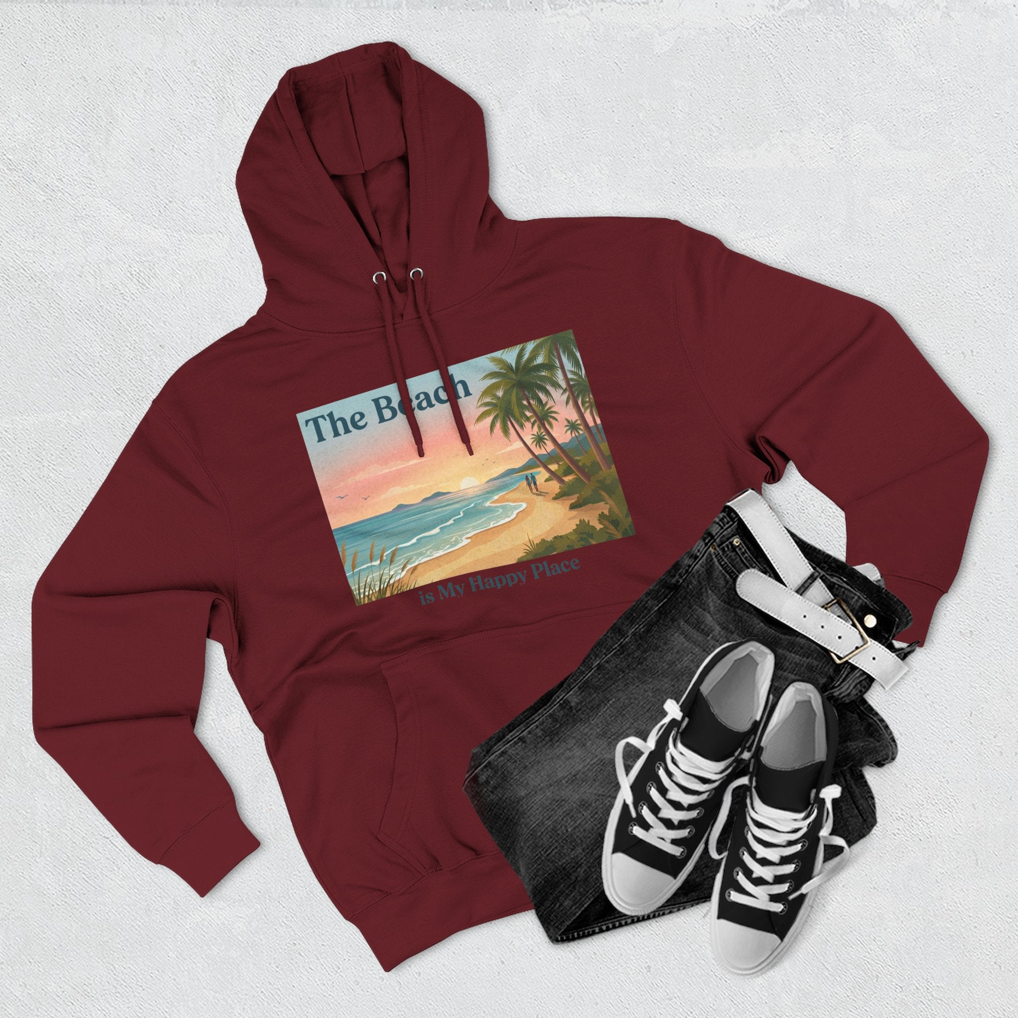 Beach Sunset Hoodie – "The Beach is My Happy Place" Coastal Palm Pullover