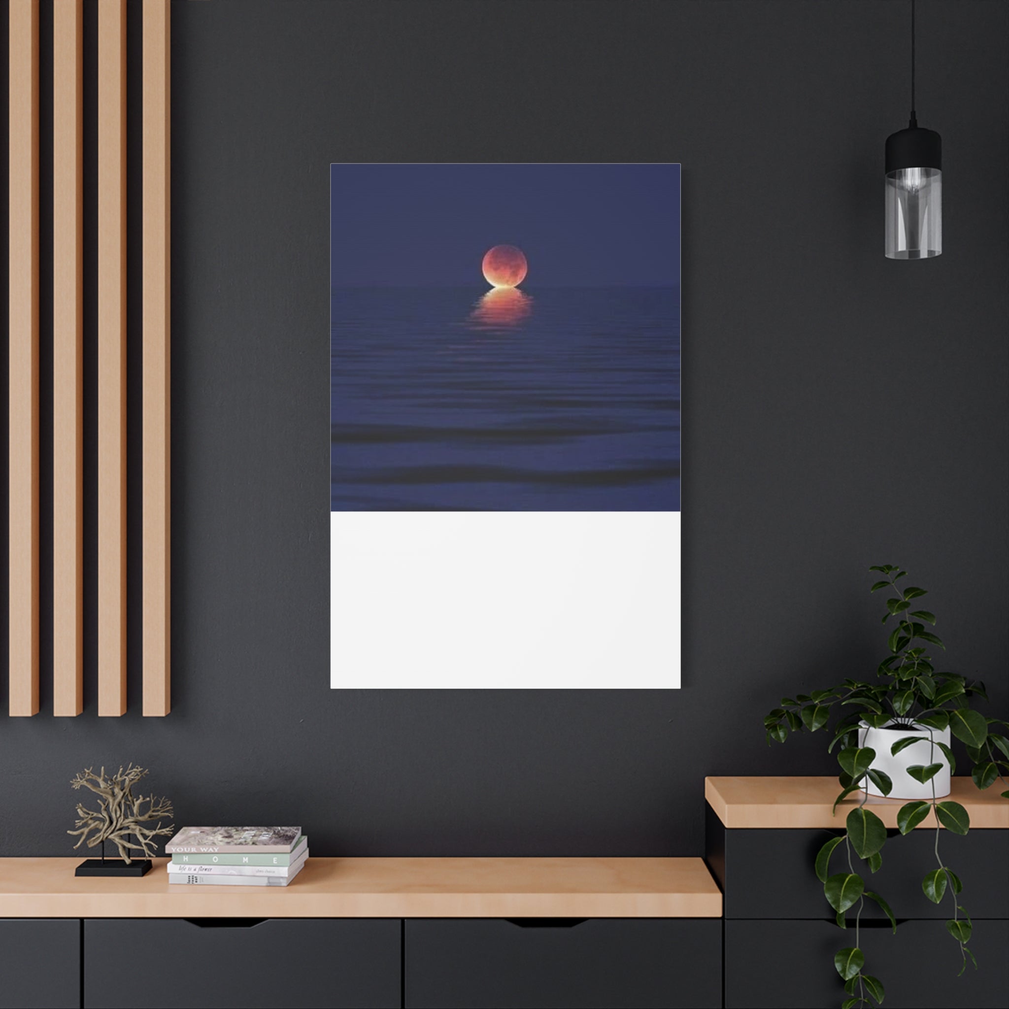 Lunar Reflection Canvas Art — Moonrise Over Calm Sea Stretched Matte Wall Art