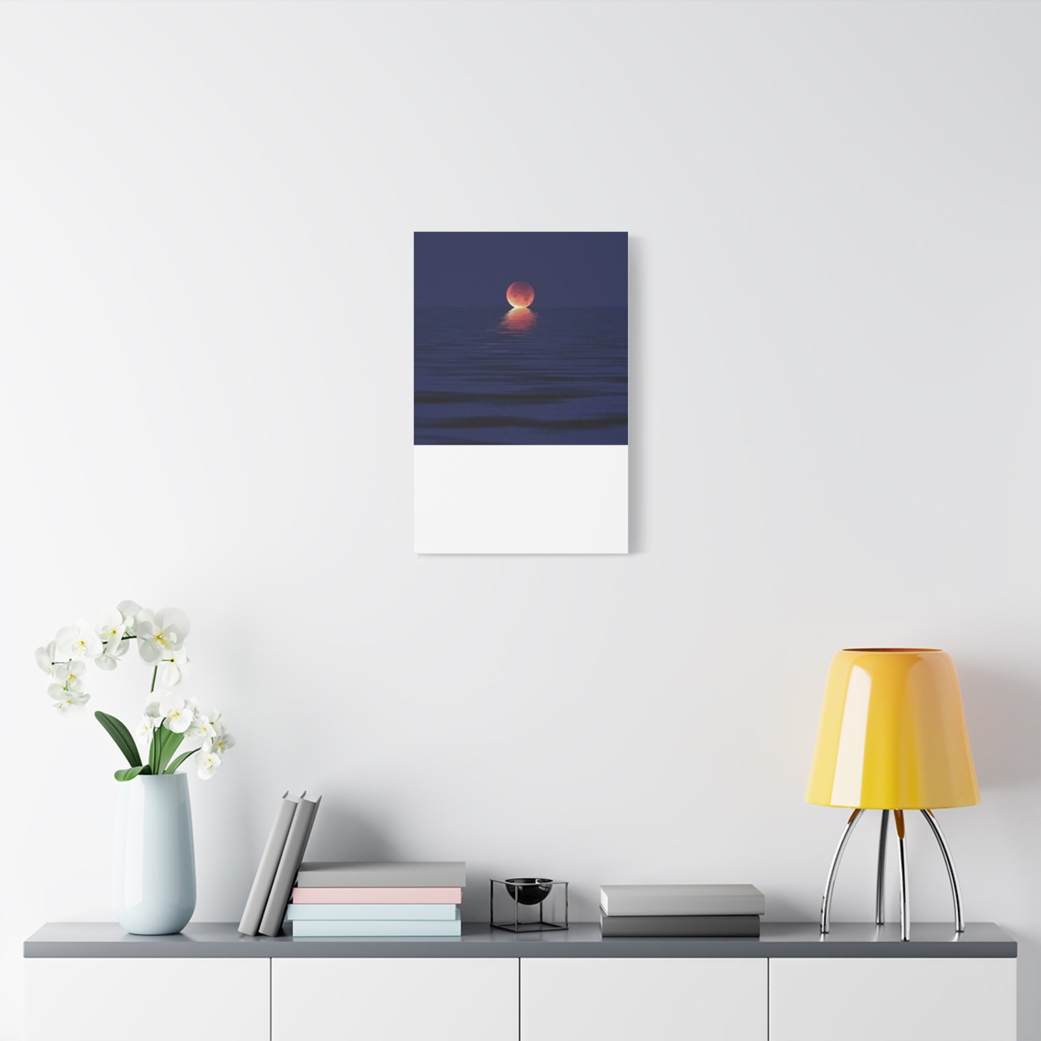 Lunar Reflection Canvas Art — Moonrise Over Calm Sea Stretched Matte Wall Art