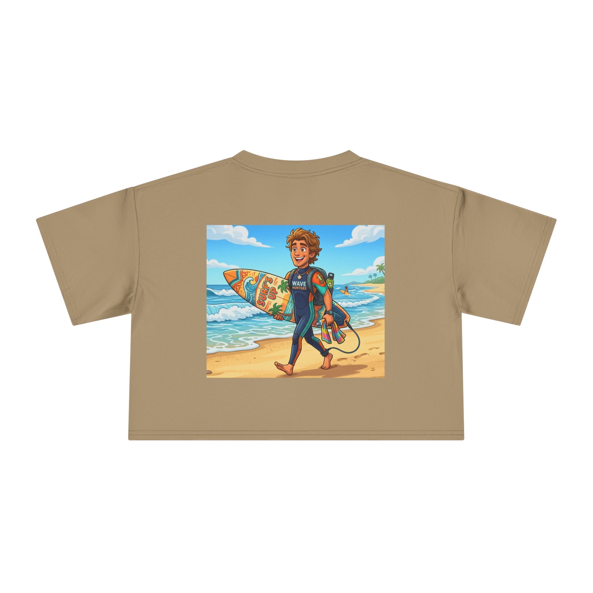 Surf Girl Crop Tee — Colorful Cartoon Surfer Beach Graphic