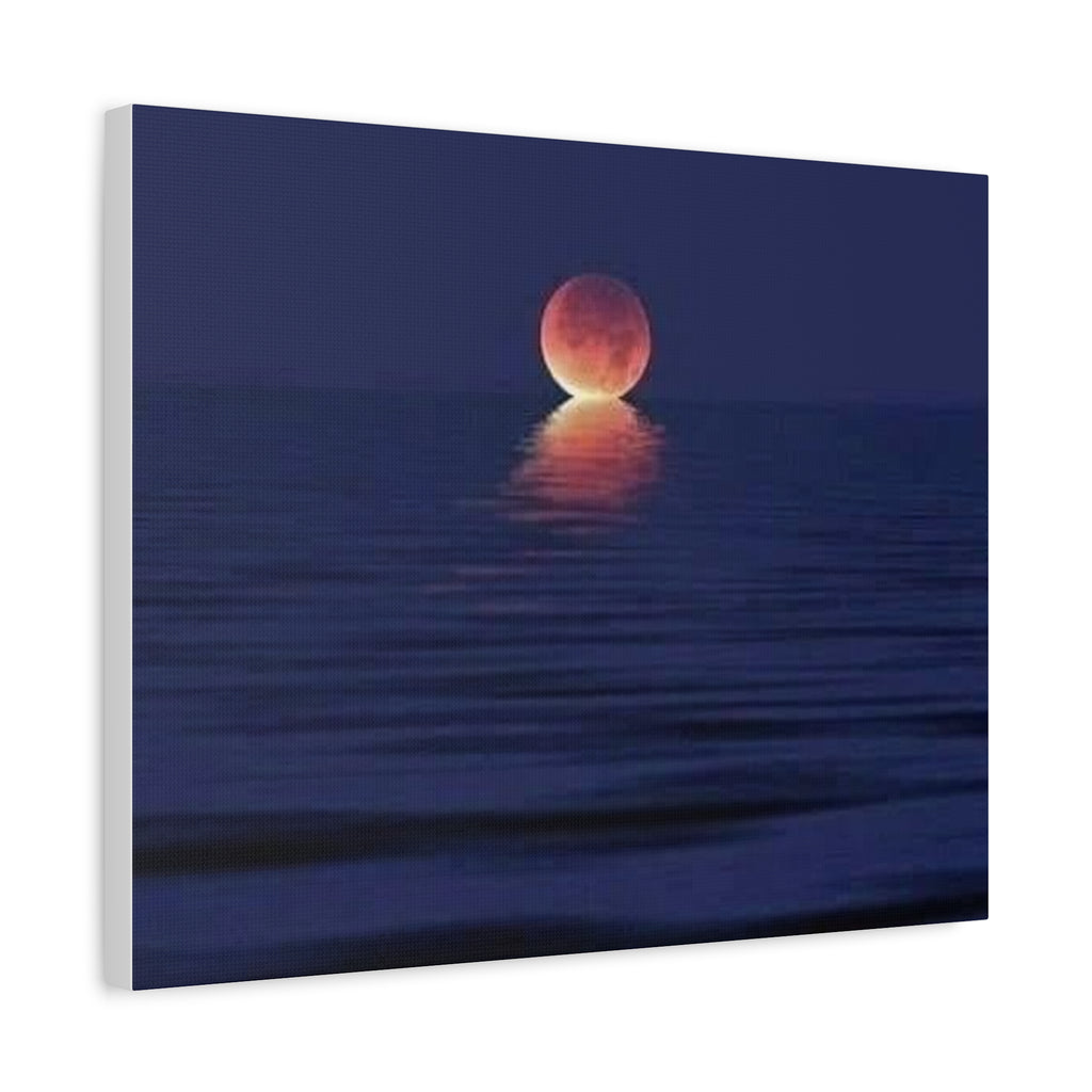 Lunar Reflection Canvas Art — Moonrise Over Calm Sea Stretched Matte Wall Art