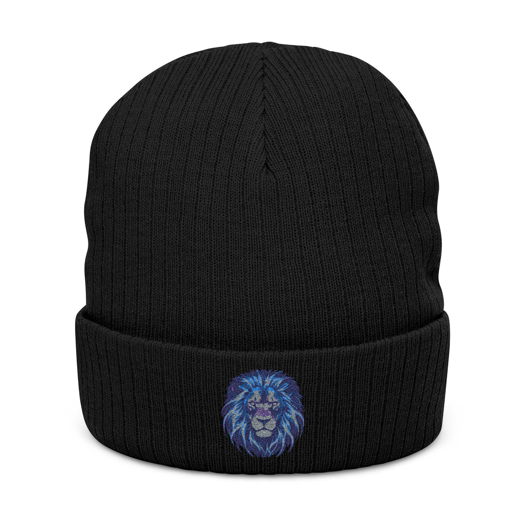 Embroidered Blue Lion Ribbed Beanie — Warm Knit Hat for Men & Women