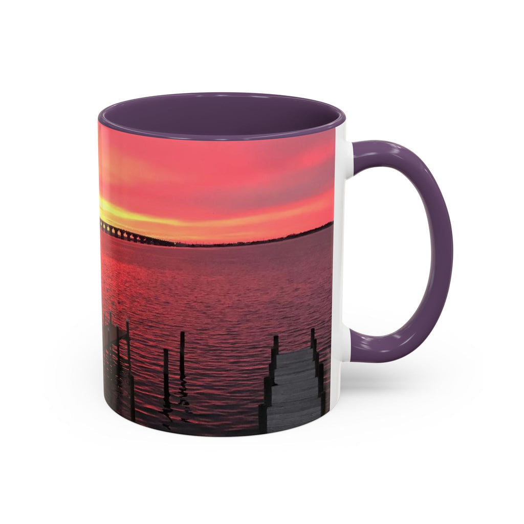 Sunset Harbor Accent Coffee Mug — Pink Sunrise Dock Scene (11/15oz)