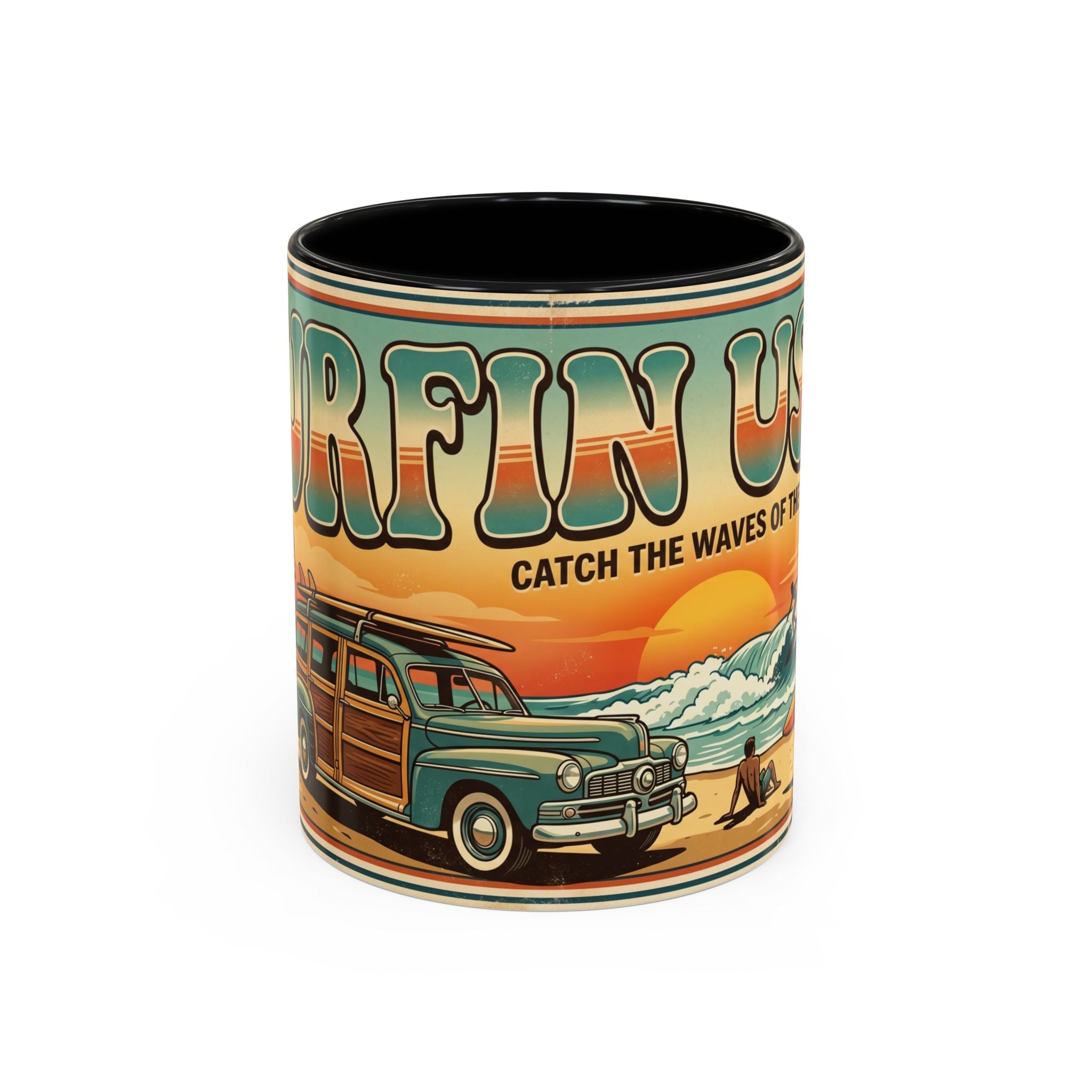 Surfing USA Coffee Mug — Retro Beach Vintage Surfboard Sunset Design