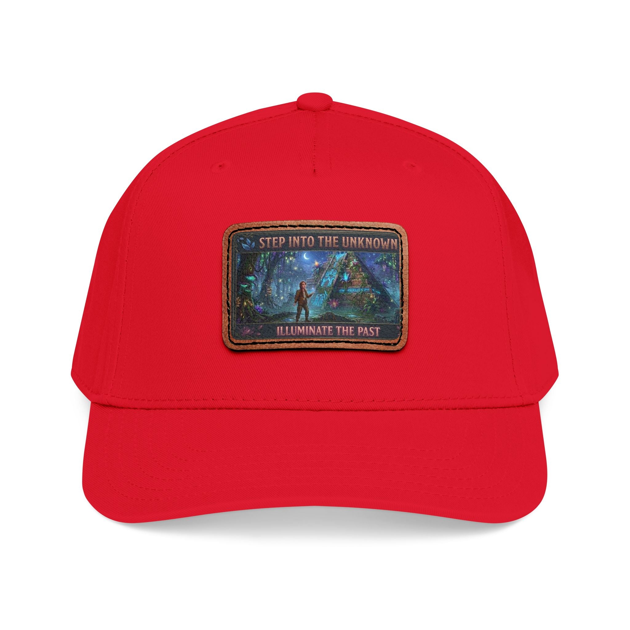 Leather Patch Baseball Cap — "Step Into the Unknown, Illuminate the Past" Forest Adventure Design