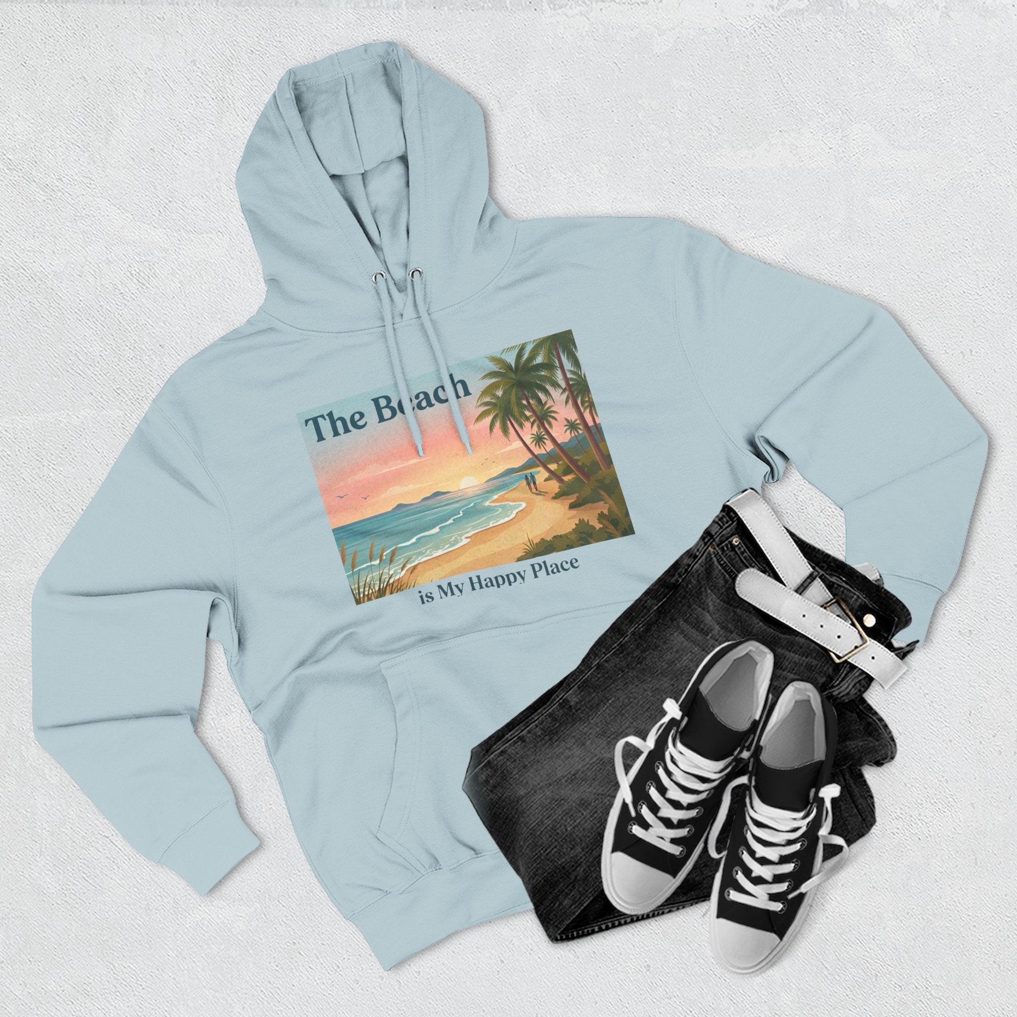 Beach Sunset Hoodie – "The Beach is My Happy Place" Coastal Palm Pullover