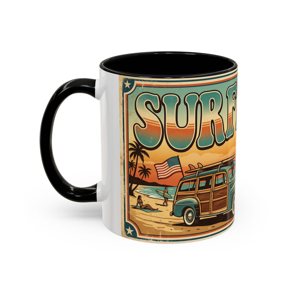 Surfing USA Coffee Mug — Retro Beach Vintage Surfboard Sunset Design