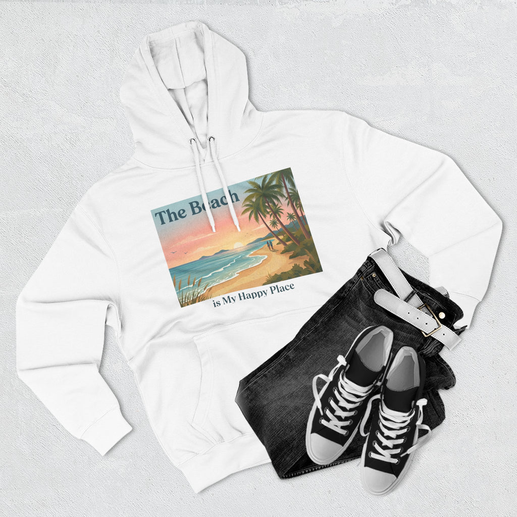 Beach Sunset Hoodie – "The Beach is My Happy Place" Coastal Palm Pullover
