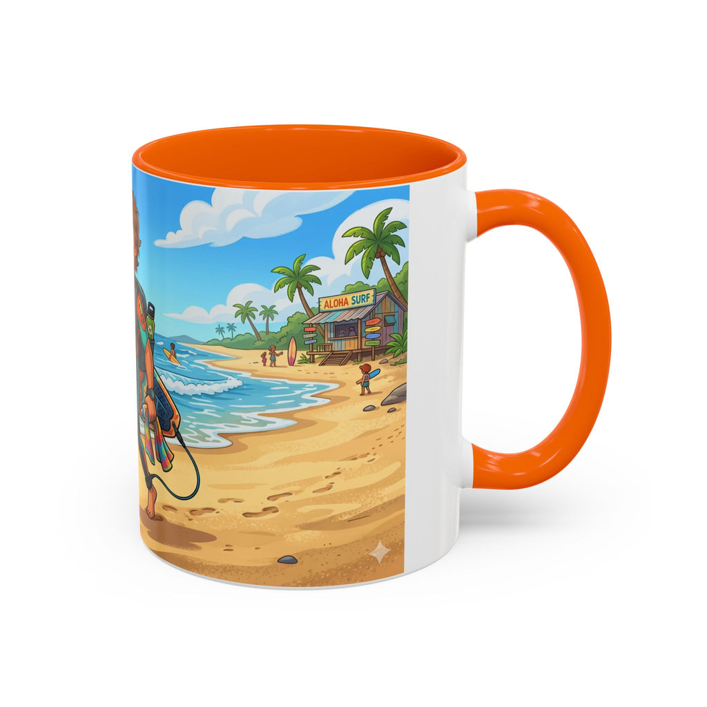 Surf Beach Coffee Mug — Cute Surfer Cartoon Design, 11/15oz Accent Mug