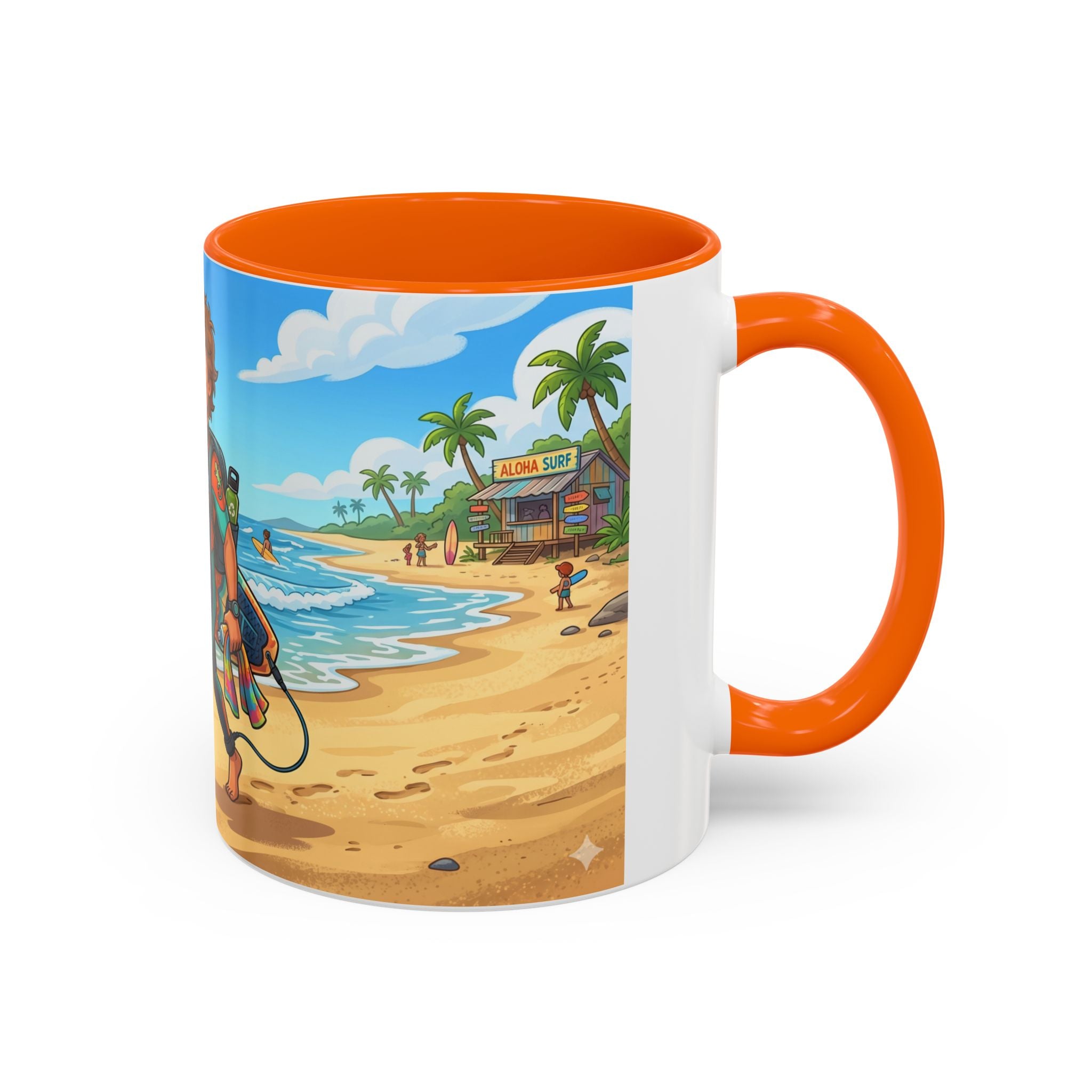 Surf Beach Coffee Mug — Cute Surfer Cartoon Design, 11/15oz Accent Mug