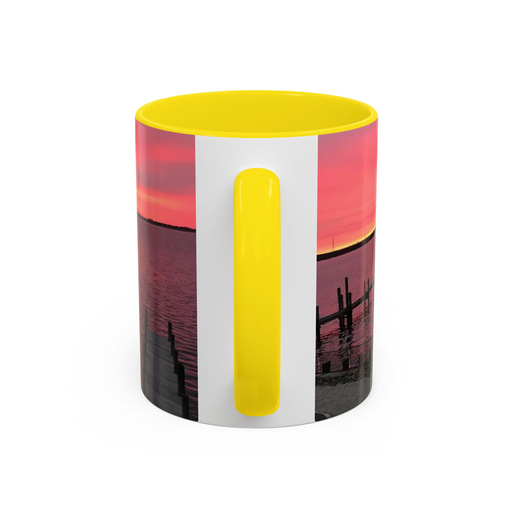 Sunset Harbor Accent Coffee Mug — Pink Sunrise Dock Scene (11/15oz)