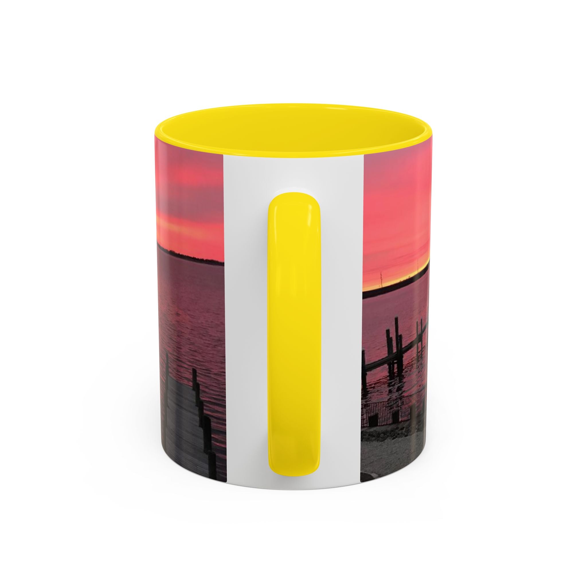Sunset Harbor Accent Coffee Mug — Pink Sunrise Dock Scene (11/15oz)