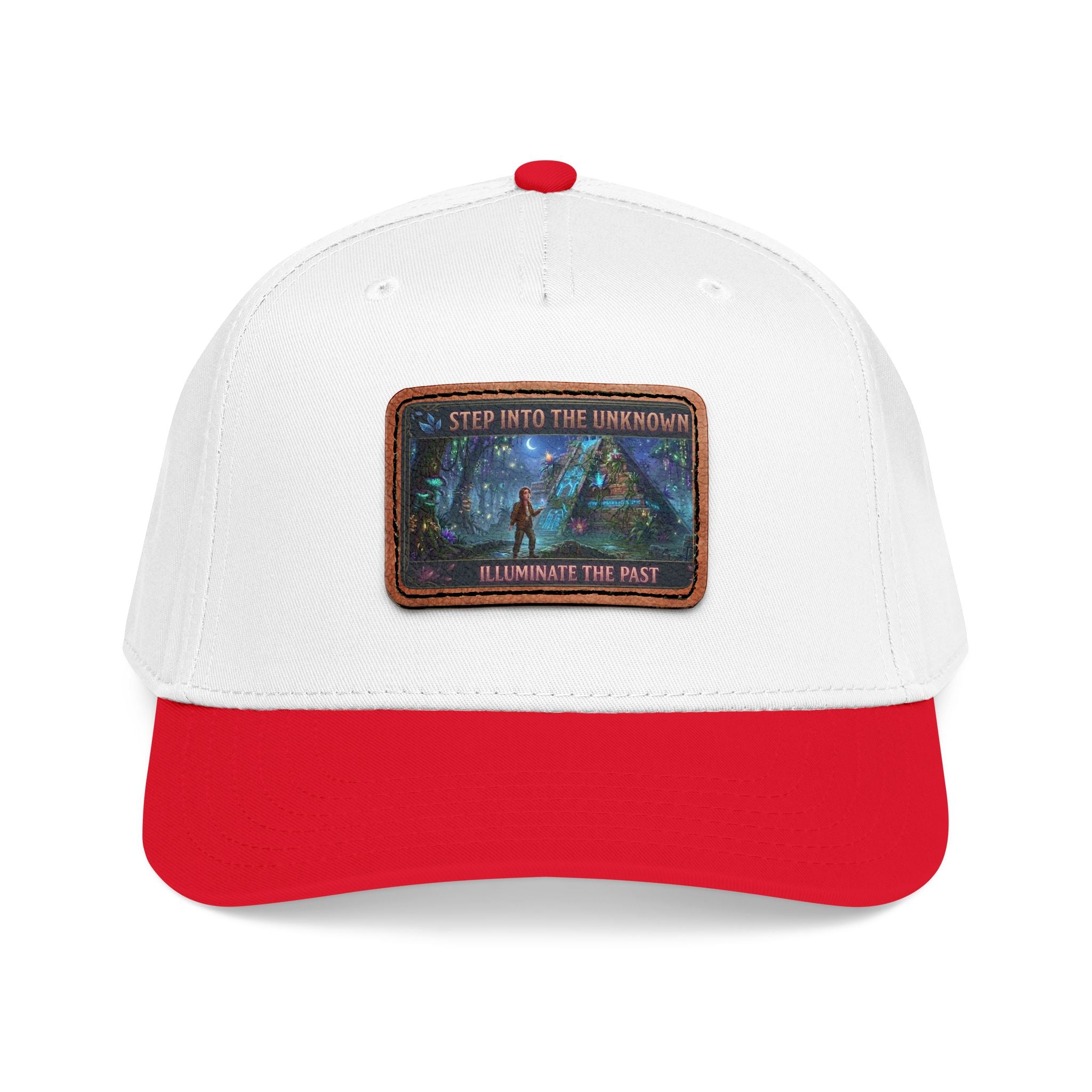 Leather Patch Baseball Cap — "Step Into the Unknown, Illuminate the Past" Forest Adventure Design