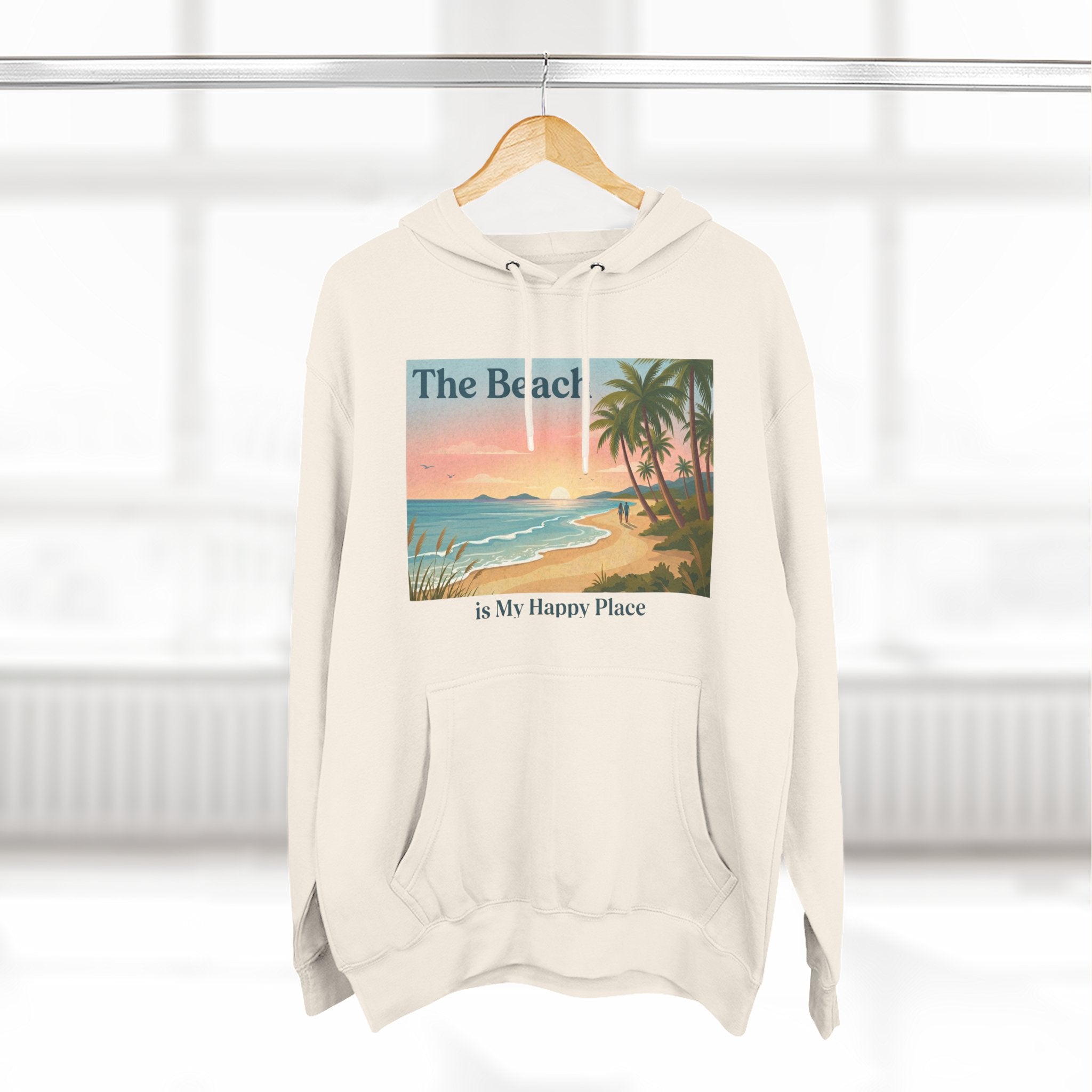 Beach Sunset Hoodie – "The Beach is My Happy Place" Coastal Palm Pullover