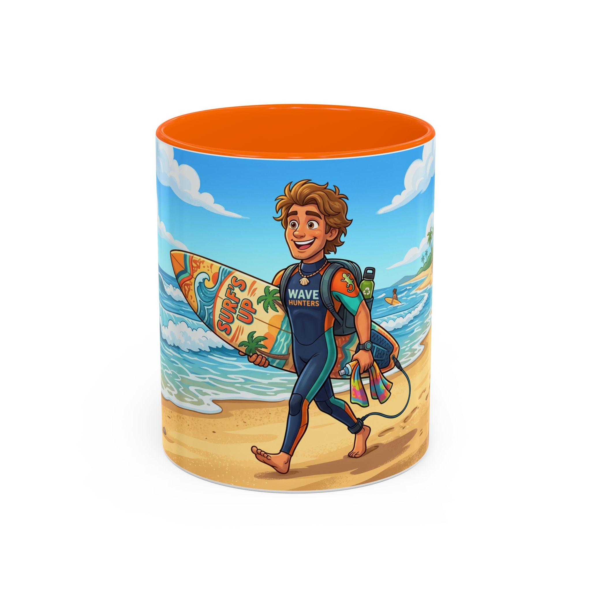 Surf Beach Coffee Mug — Cute Surfer Cartoon Design, 11/15oz Accent Mug