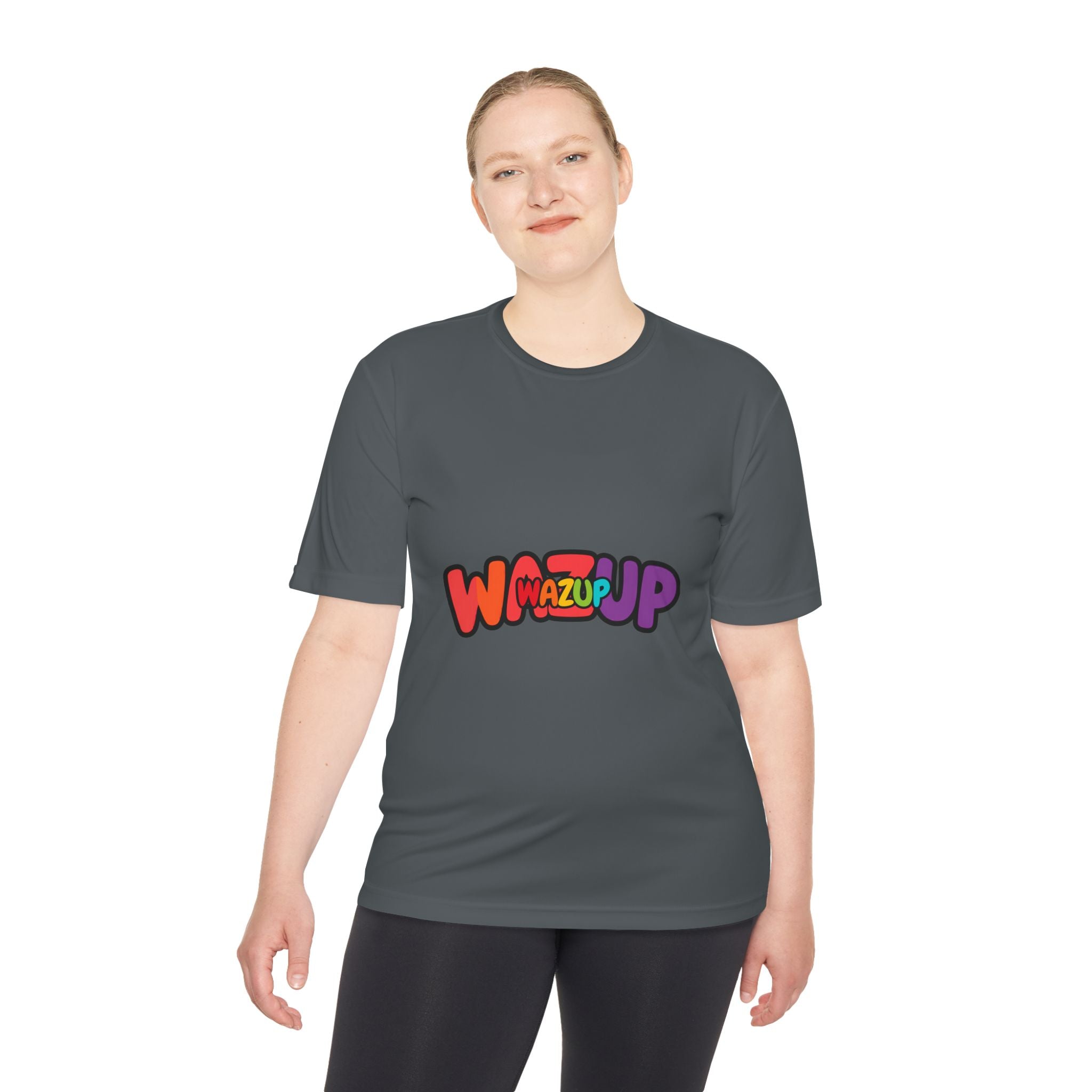 Wazup Colorblock Graphic Tee — Retro Pop 'Wazup' Moisture-Wicking Shirt