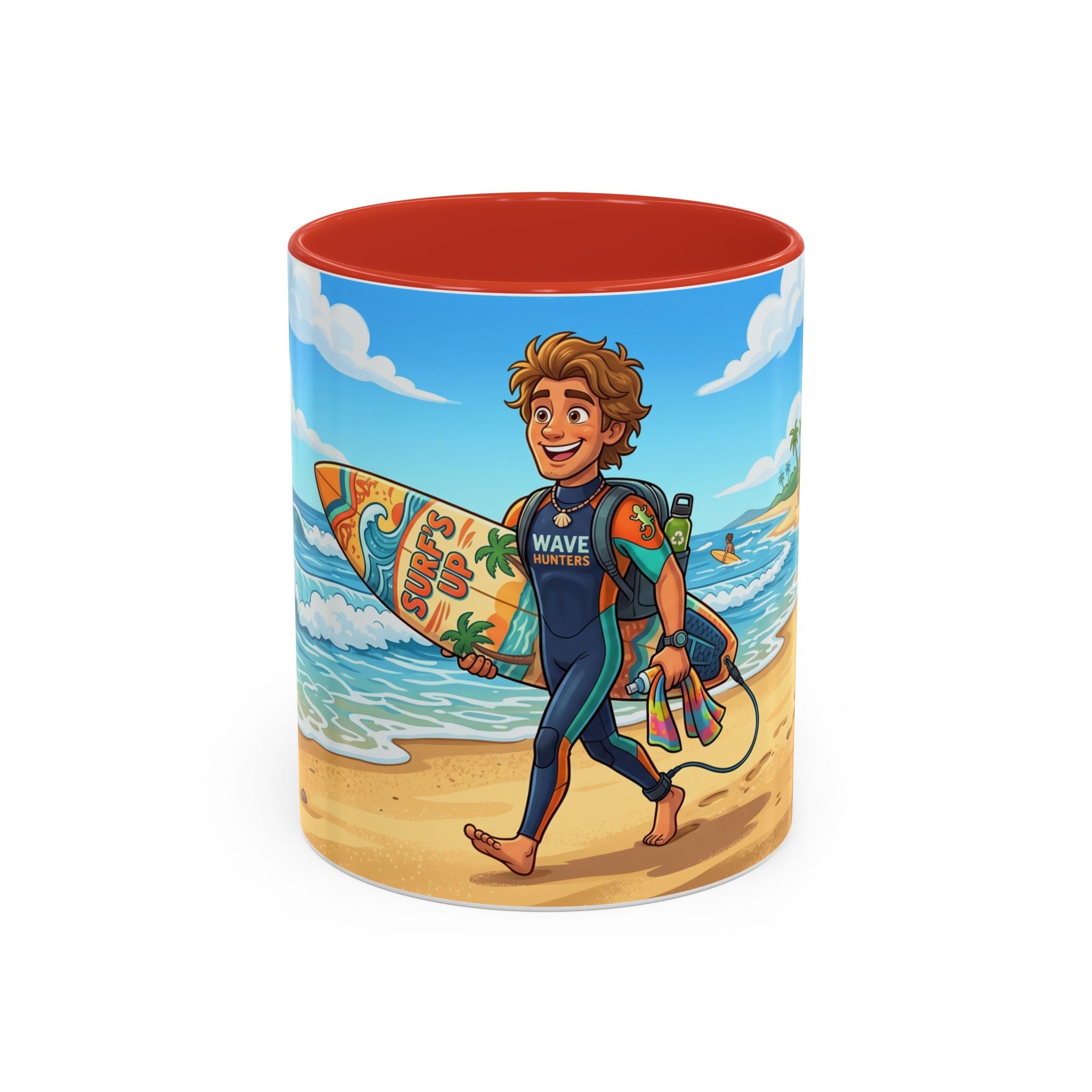 Surf Beach Coffee Mug — Cute Surfer Cartoon Design, 11/15oz Accent Mug