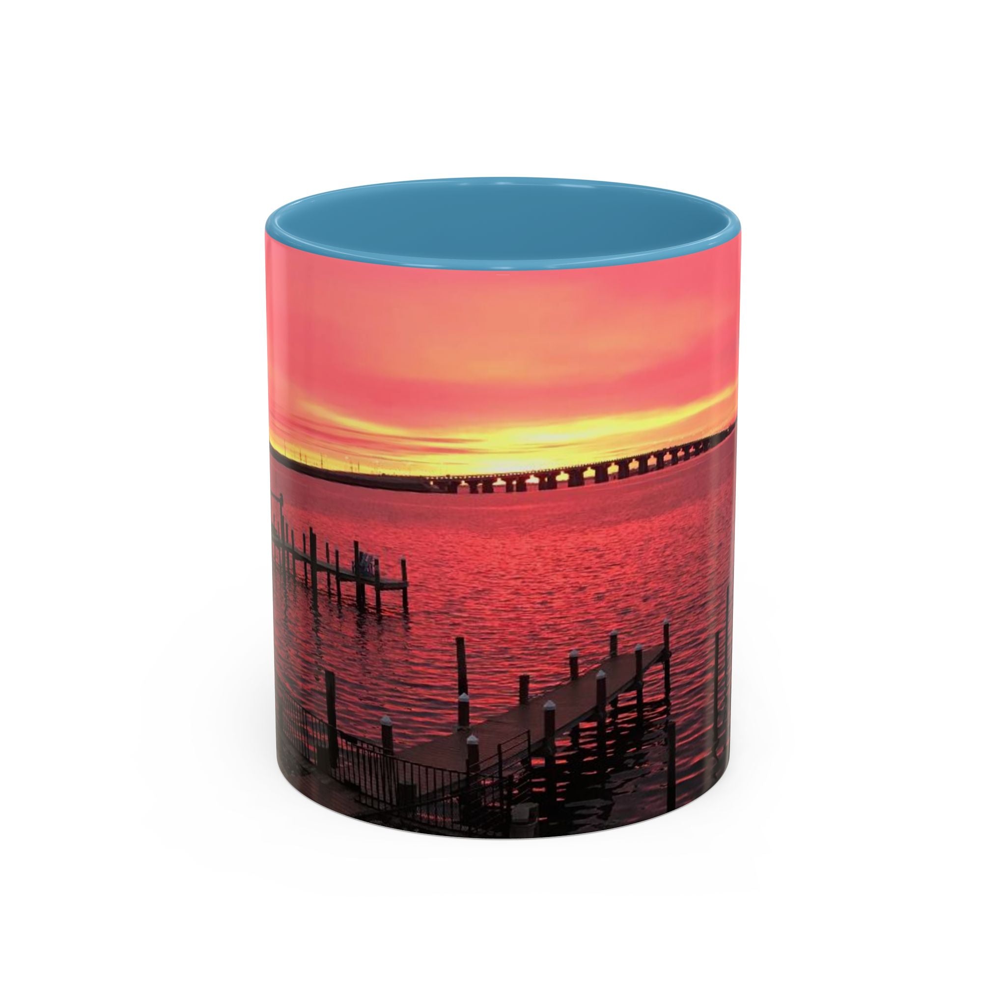 Sunset Harbor Accent Coffee Mug — Pink Sunrise Dock Scene (11/15oz)