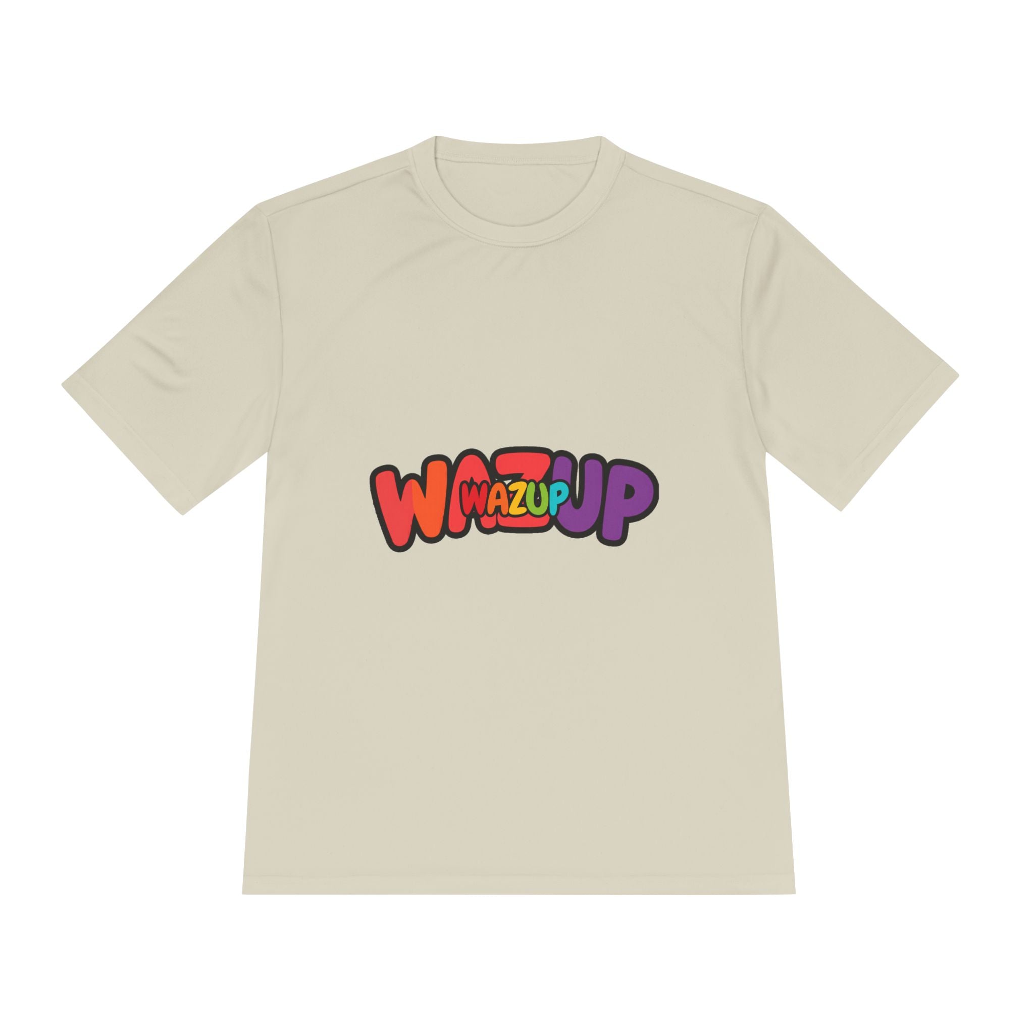 Wazup Colorblock Graphic Tee — Retro Pop 'Wazup' Moisture-Wicking Shirt