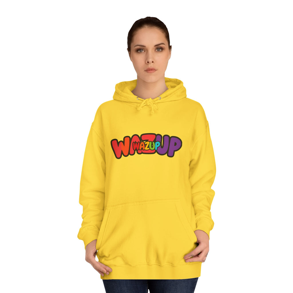 Wazup Colorburst Hoodie — Retro Bubble Letter Graphic Hooded Sweatshirt