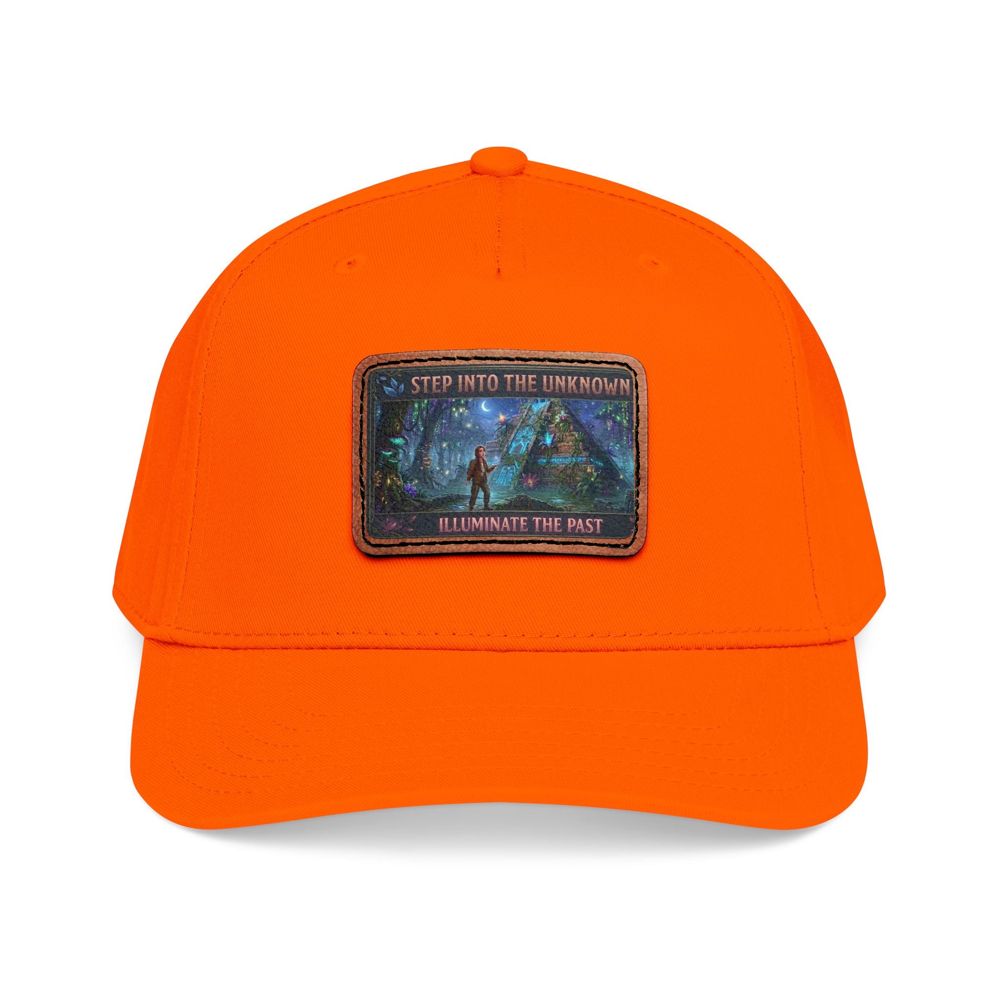 Leather Patch Baseball Cap — "Step Into the Unknown, Illuminate the Past" Forest Adventure Design