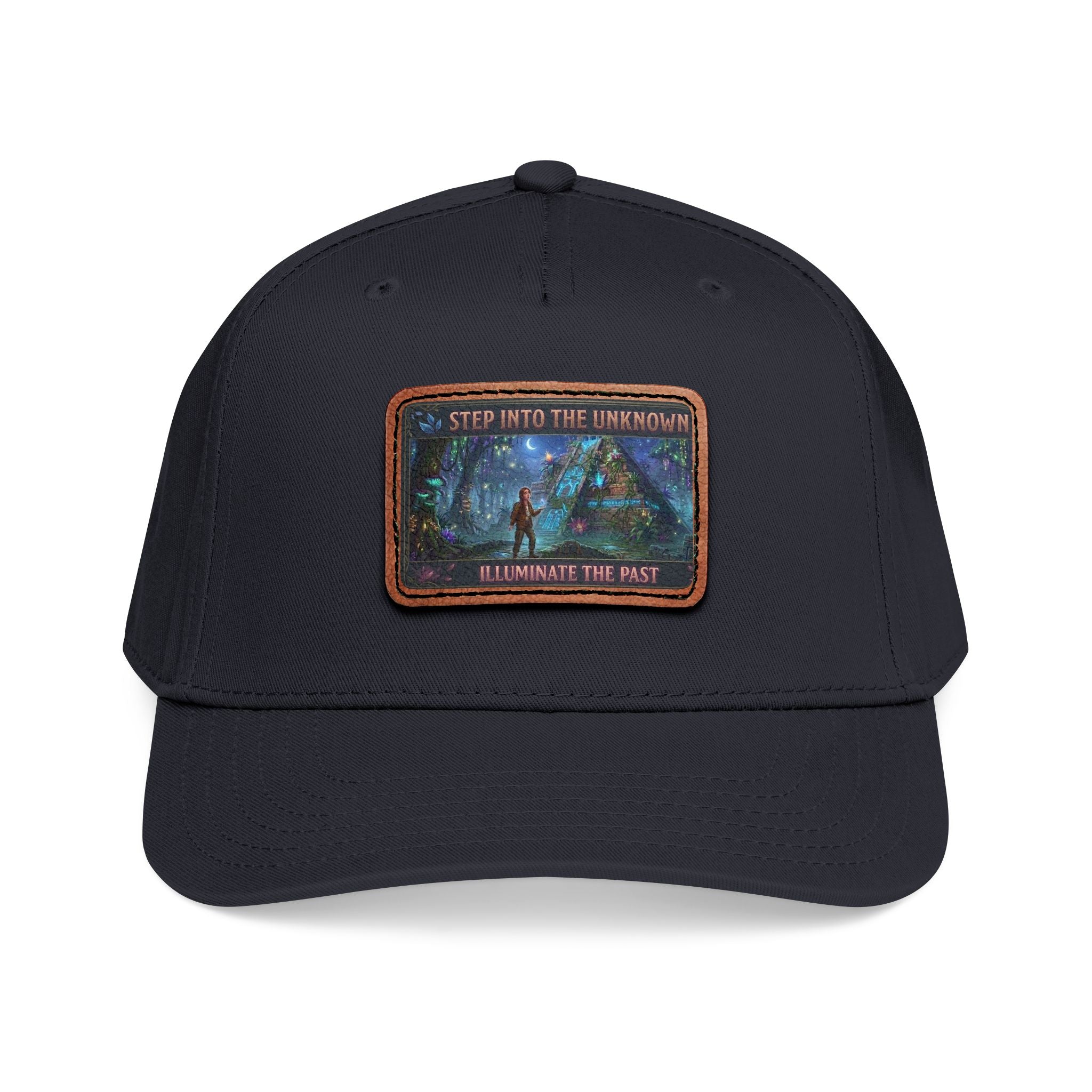 Leather Patch Baseball Cap — "Step Into the Unknown, Illuminate the Past" Forest Adventure Design