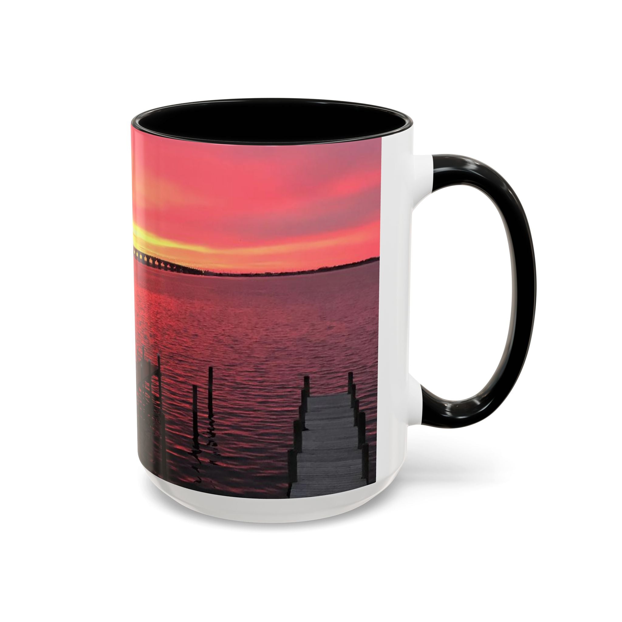 Sunset Harbor Accent Coffee Mug — Pink Sunrise Dock Scene (11/15oz)