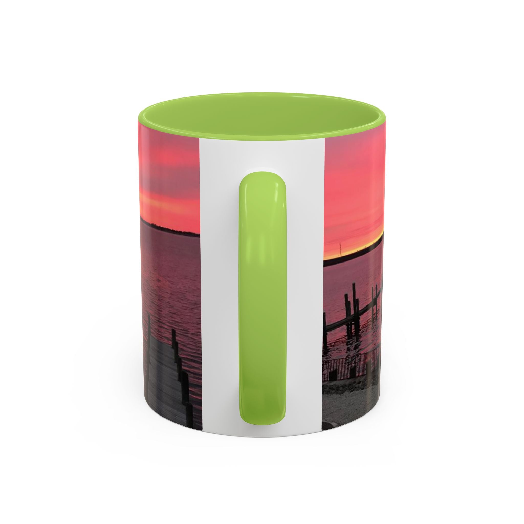 Sunset Harbor Accent Coffee Mug — Pink Sunrise Dock Scene (11/15oz)