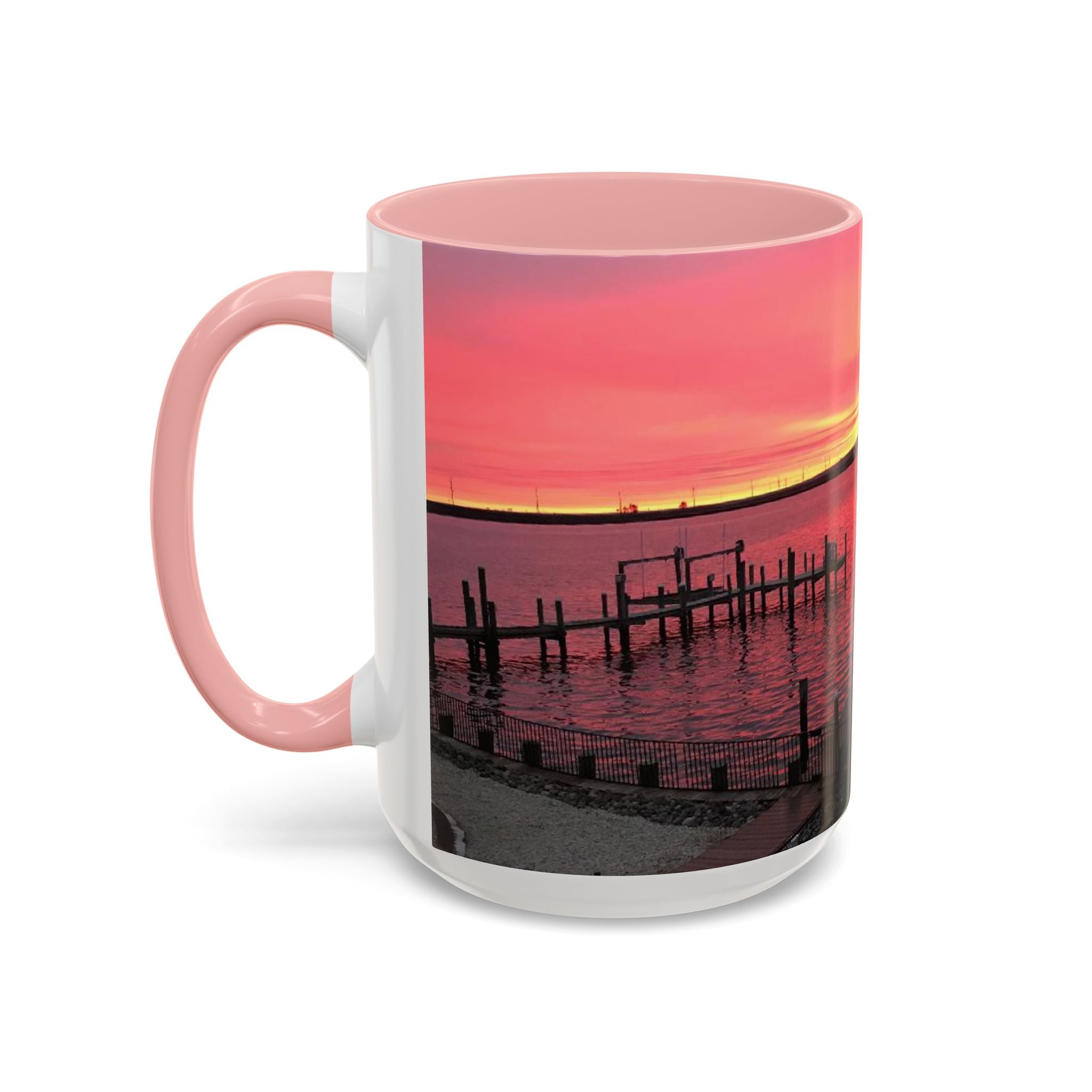 Sunset Harbor Accent Coffee Mug — Pink Sunrise Dock Scene (11/15oz)