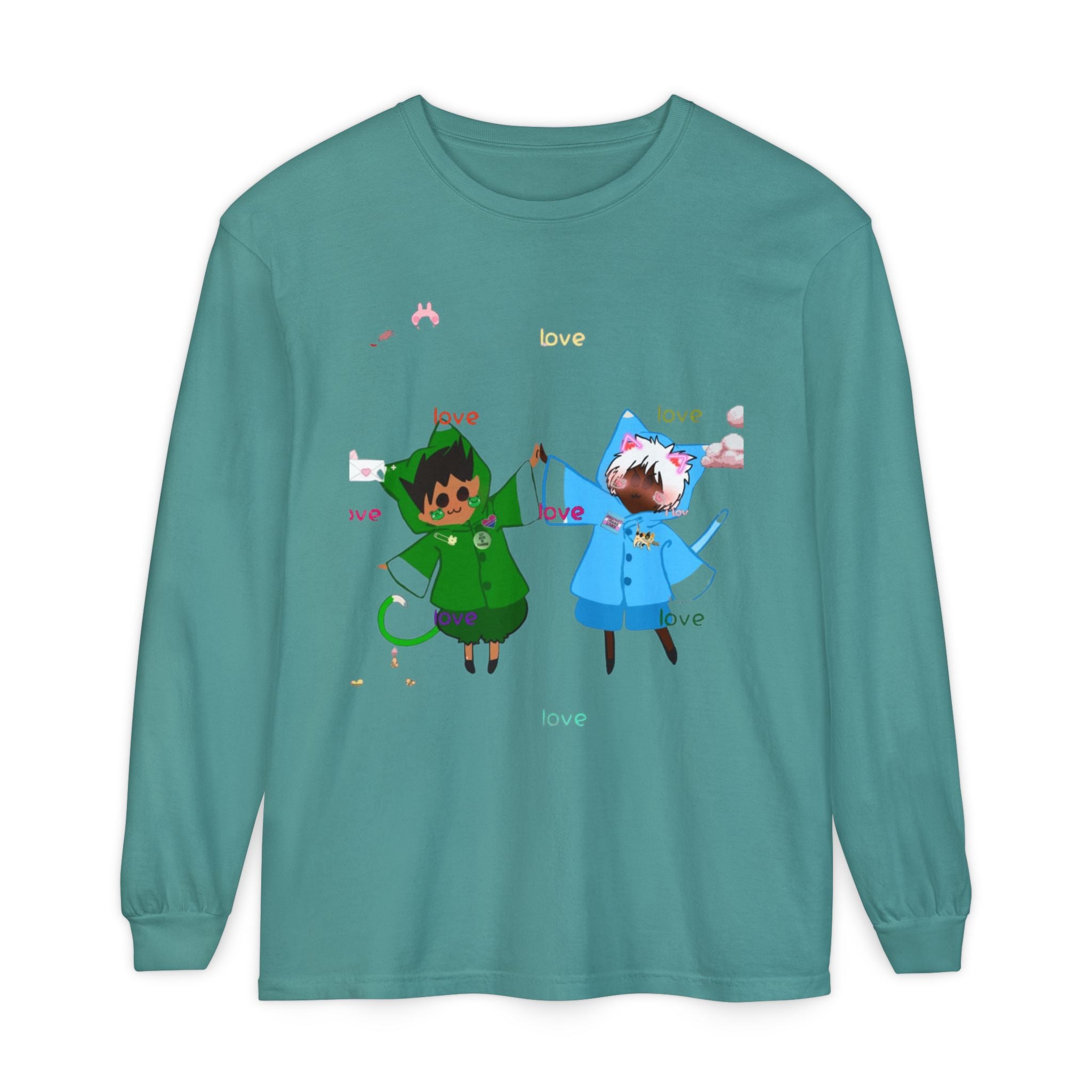 Cute Rainbow Cats Holding Hands Long Sleeve Tee – "Love" Graphic