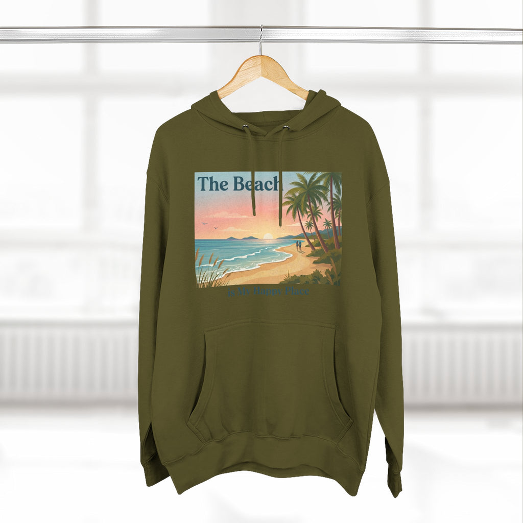 Beach Sunset Hoodie – "The Beach is My Happy Place" Coastal Palm Pullover