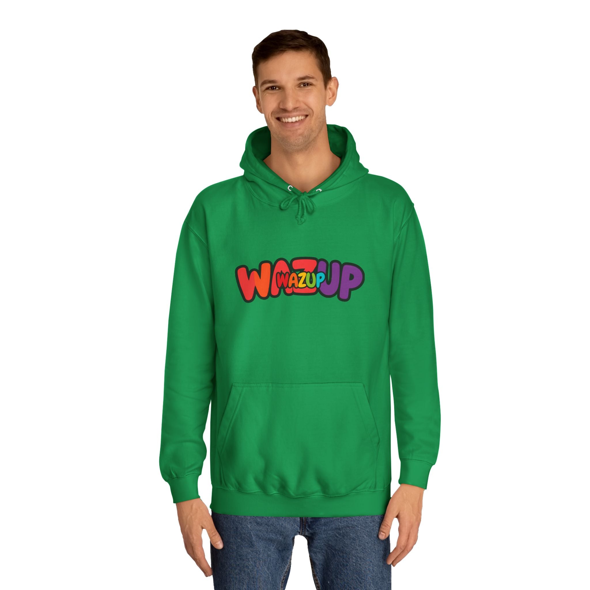 Wazup Colorburst Hoodie — Retro Bubble Letter Graphic Hooded Sweatshirt