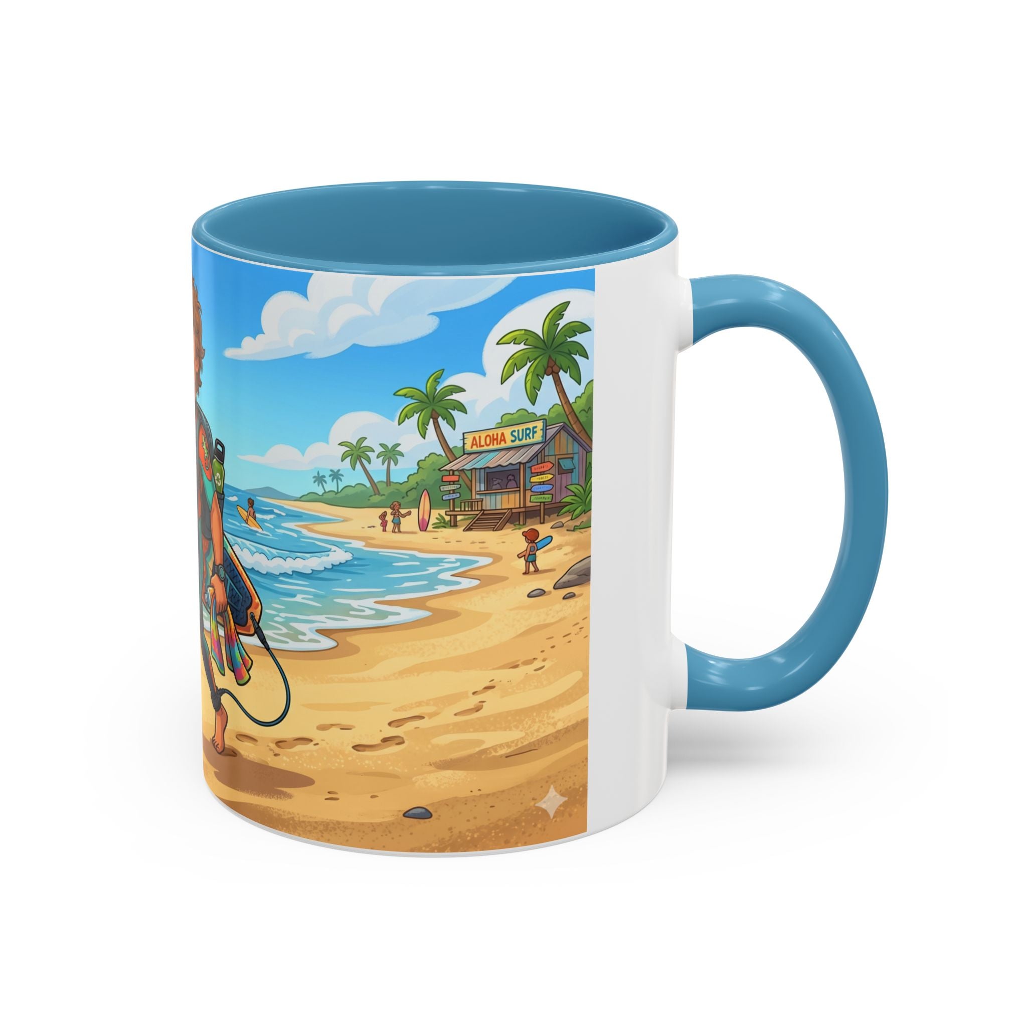 Surf Beach Coffee Mug — Cute Surfer Cartoon Design, 11/15oz Accent Mug