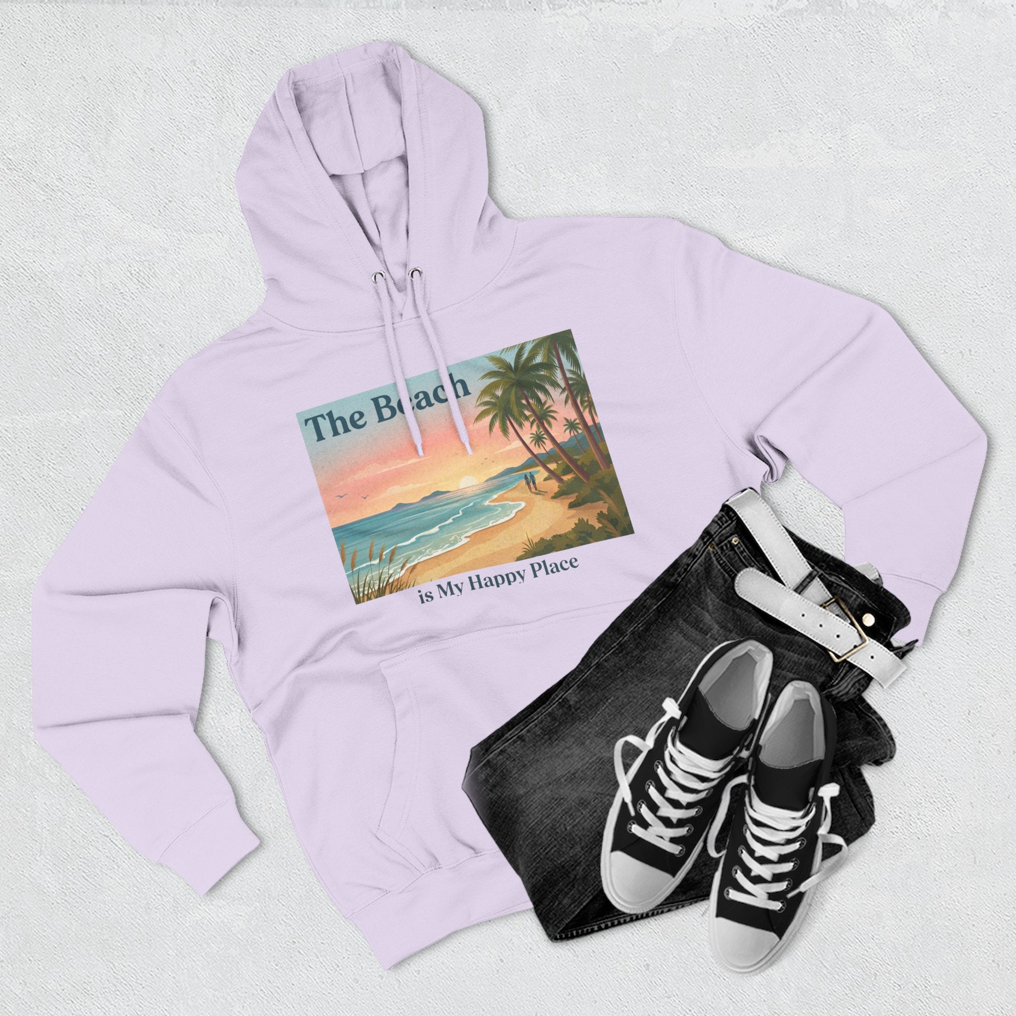 Beach Sunset Hoodie – "The Beach is My Happy Place" Coastal Palm Pullover