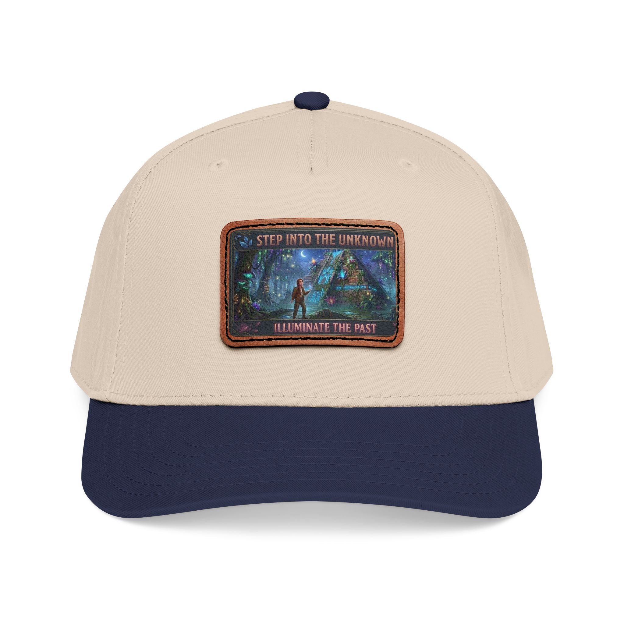 Leather Patch Baseball Cap — "Step Into the Unknown, Illuminate the Past" Forest Adventure Design