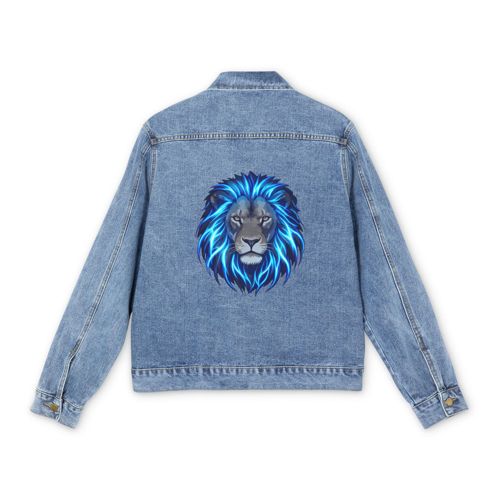 Men's Denim Jacket with Blue Neon Lion Back Graphic