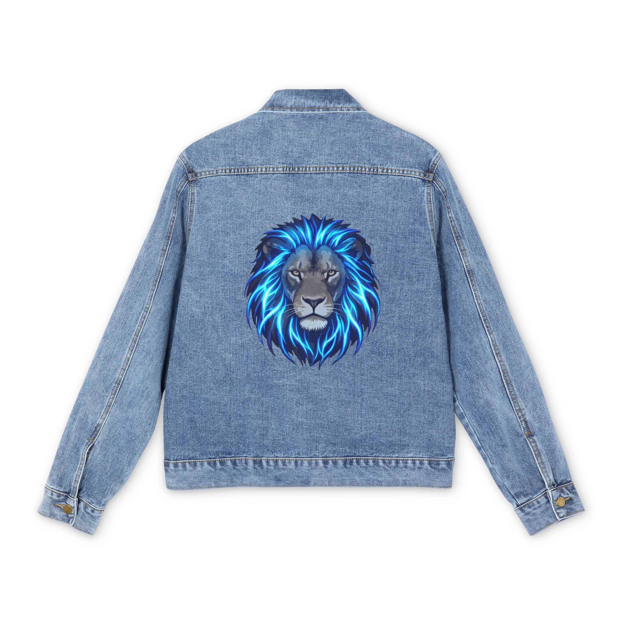 Men's Denim Jacket with Blue Neon Lion Back Graphic